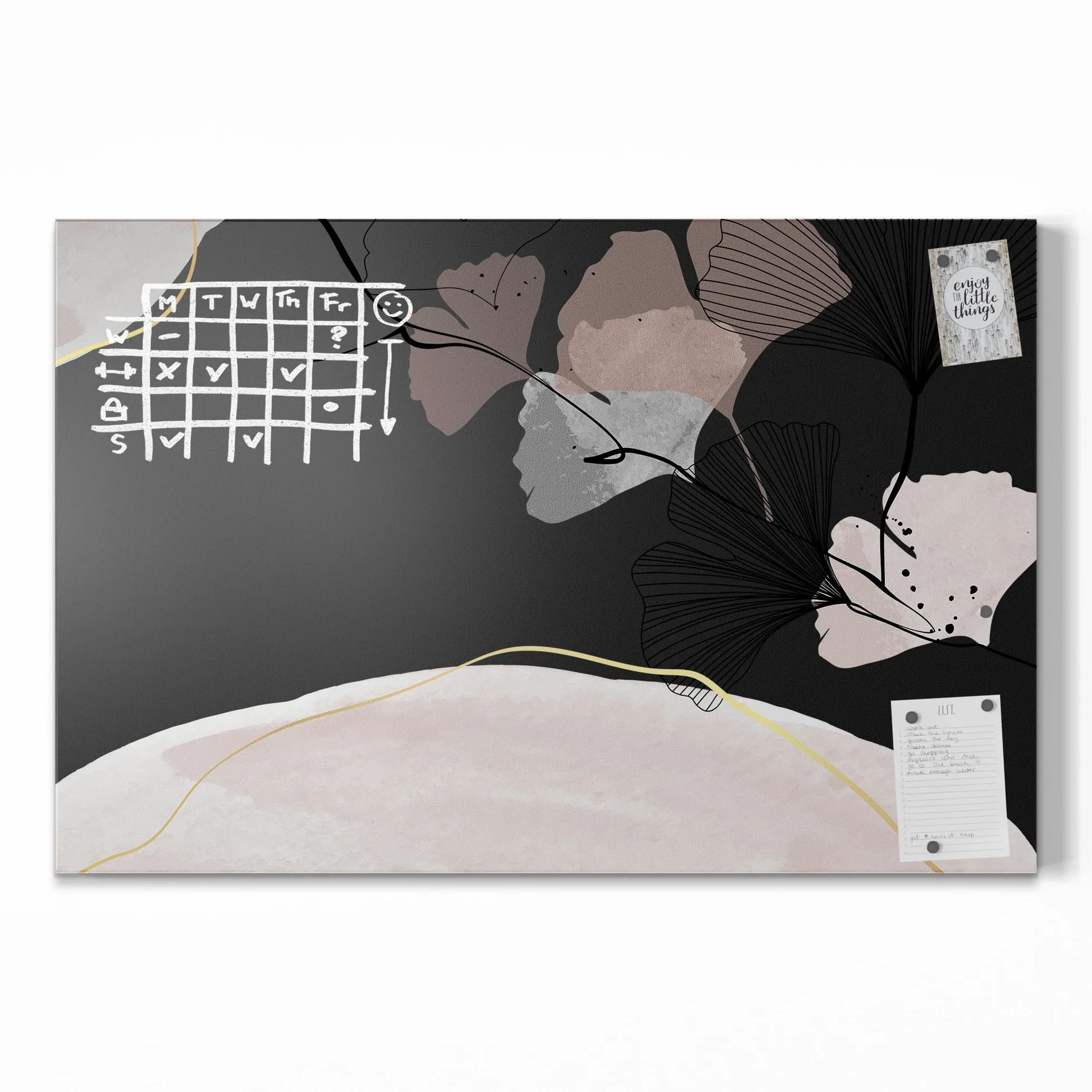 DEQORI Lavagna magnetica con stampa UV | motivo "striscione gingko decorativo" | Design rettangolare 90 x 60 cm | Lavagna in metallo a gesso scrivibile – Decorazione da parete per cucina, corridoio