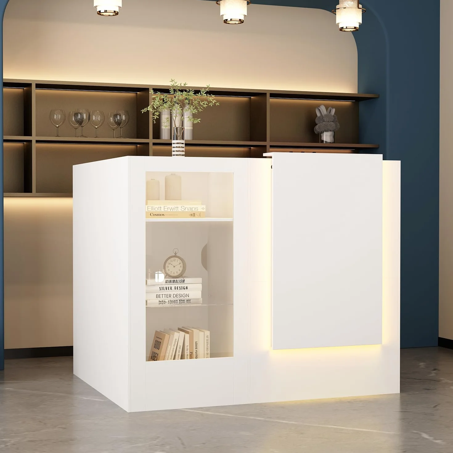 Banco di ricezione ad angolo bianco, con cassetto della tastiera e 2 armadi, cassette con strisce luminose, cassette di ricezione con piano in vetro temperato, tavolo da reception, 120 x 122 x