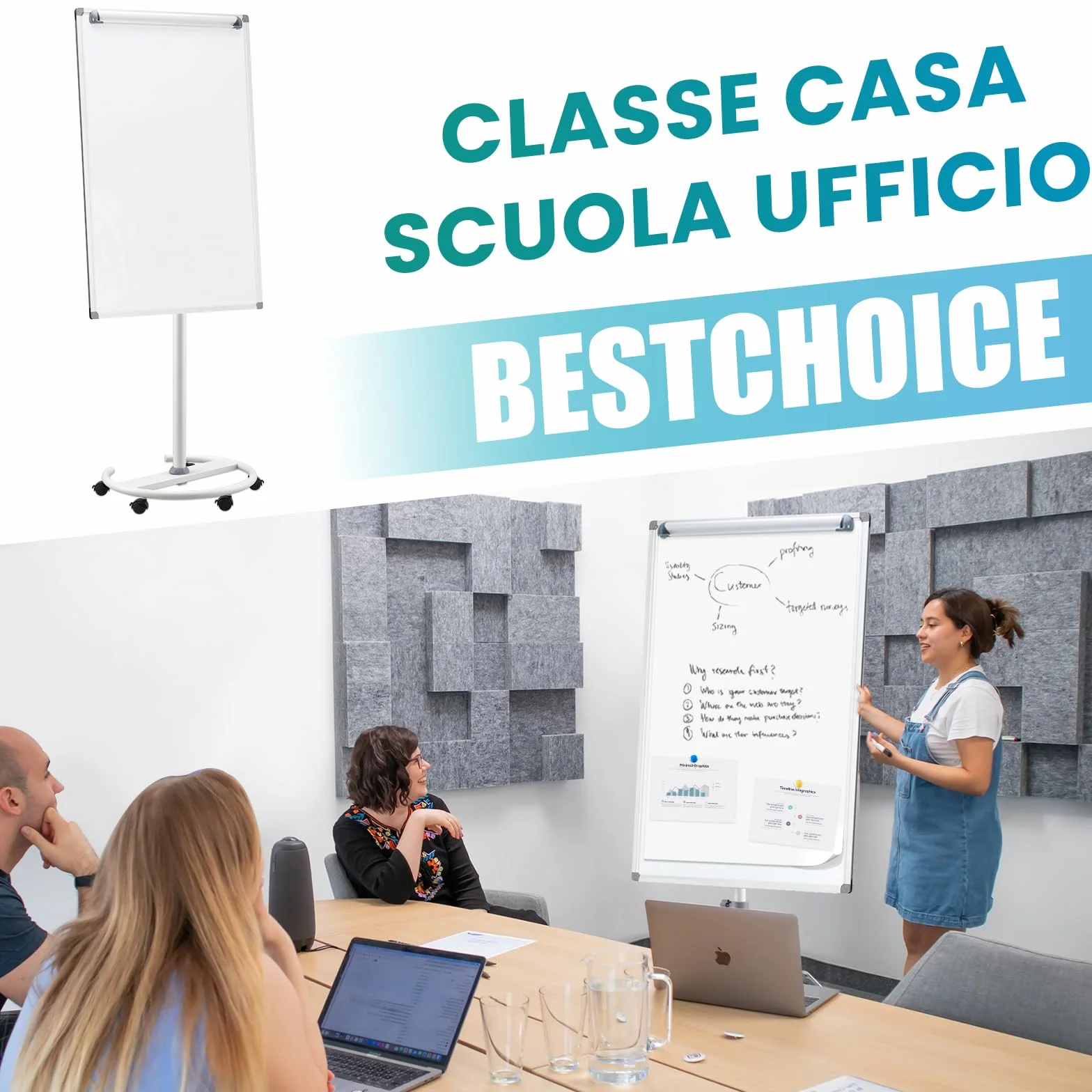 S SWANCROWN Lavagna a Fogli Mobili 100x70cm con Rotelle, Lavagna Magnetica con Cavalletto Altezza Regolabile Ufficio