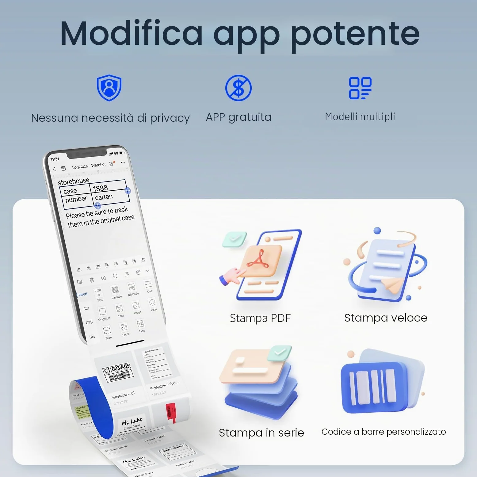 CLABEL Mini Portatile Stampante per Etichette: 221B Bluetooth Termica Etichettatrice Adesive Compatibile con iOS e Android Label Printer con 1 Rotolo di Etichette per Ufficio Casa Prezzo(Grigio)