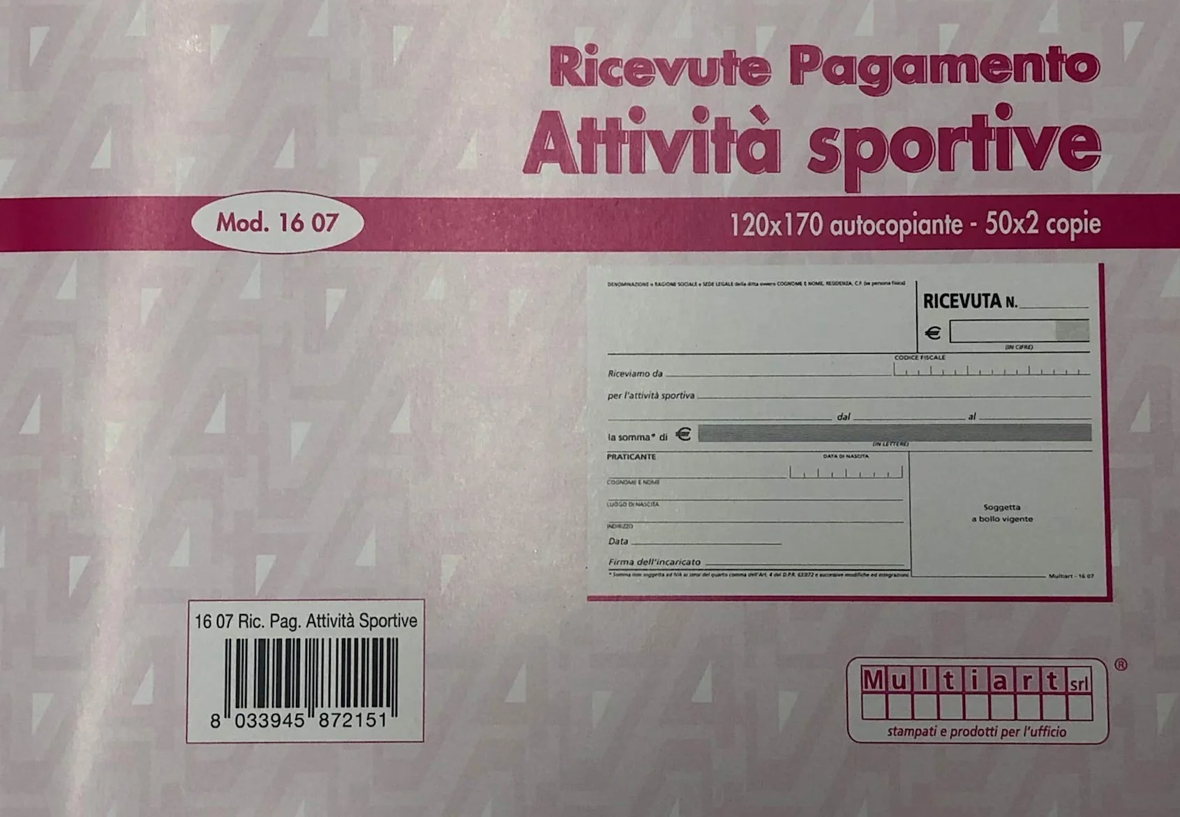 15 Blocchetti Ricevute Pagamento Attività Sportive a 2 copie autoricalcanti 50x2 12x17