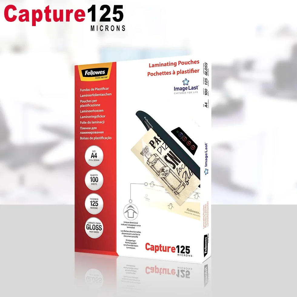 Fellowes 5307407 Pouches Di Plastificazione, Formato A4, 125 Micron, Confezione Da 100 Pezzi & 5306207 Pouches Lucide Enhance80, Formato A3, 80 Micron, Confezione Da 100 Pezzi