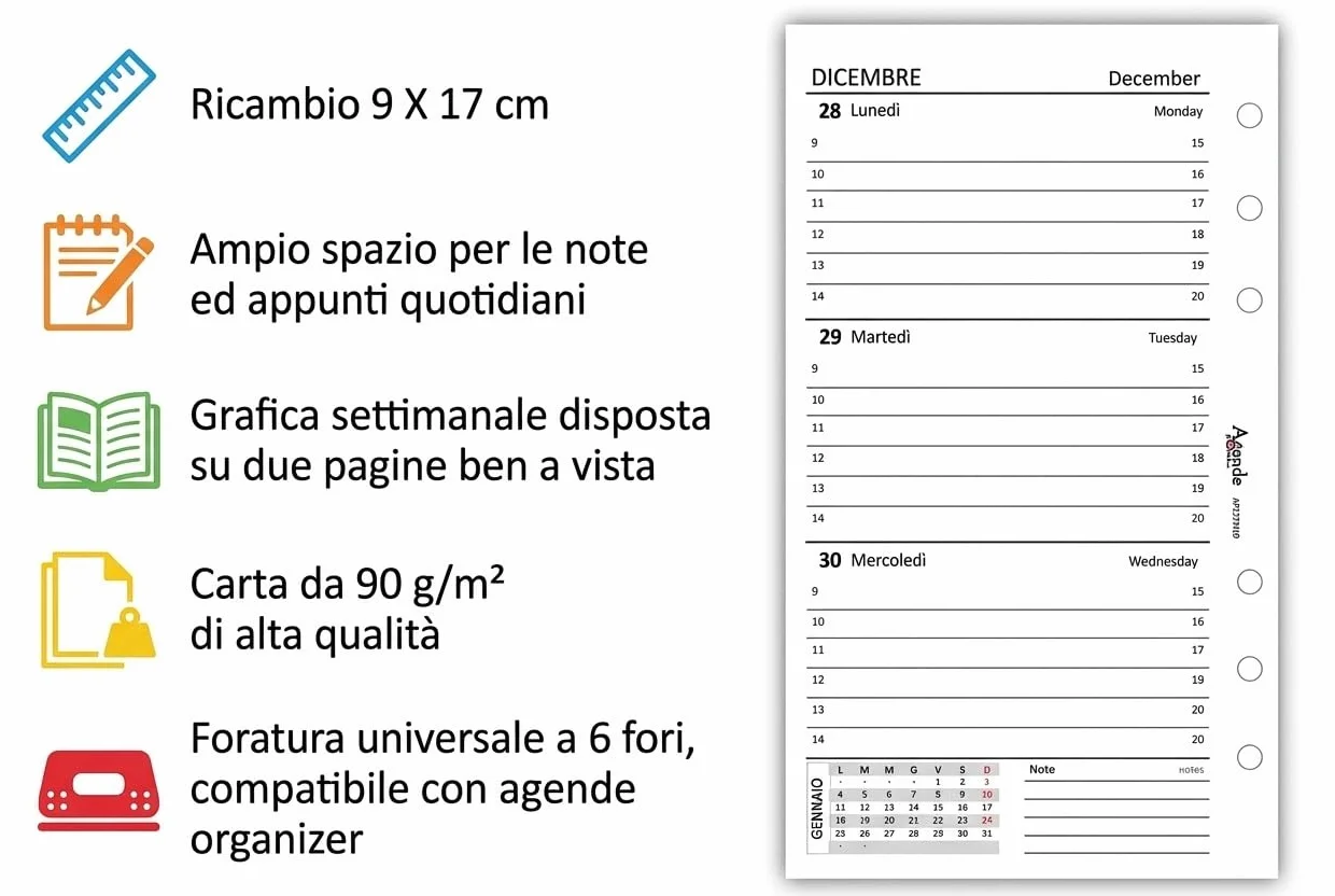 Agenda Organizer Settimanale 2027 Bilingue Bianco 9,5x17cm 90gr 2 Pagine per Settimana