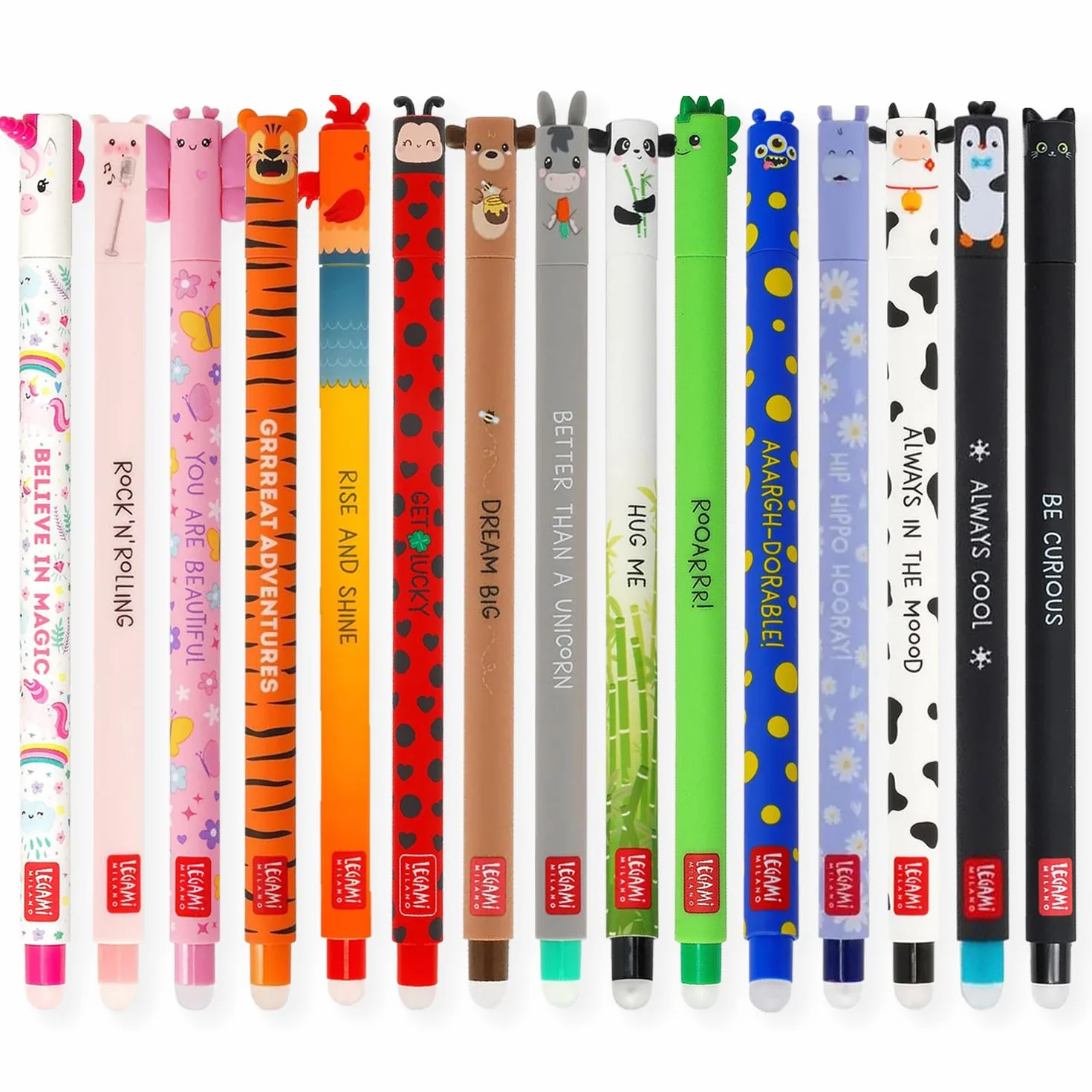 LEGAMI Set di 15 penne gel cancellabili inchiostro termosensibile 0,7 mm disegni animali coccinella mostro tigre