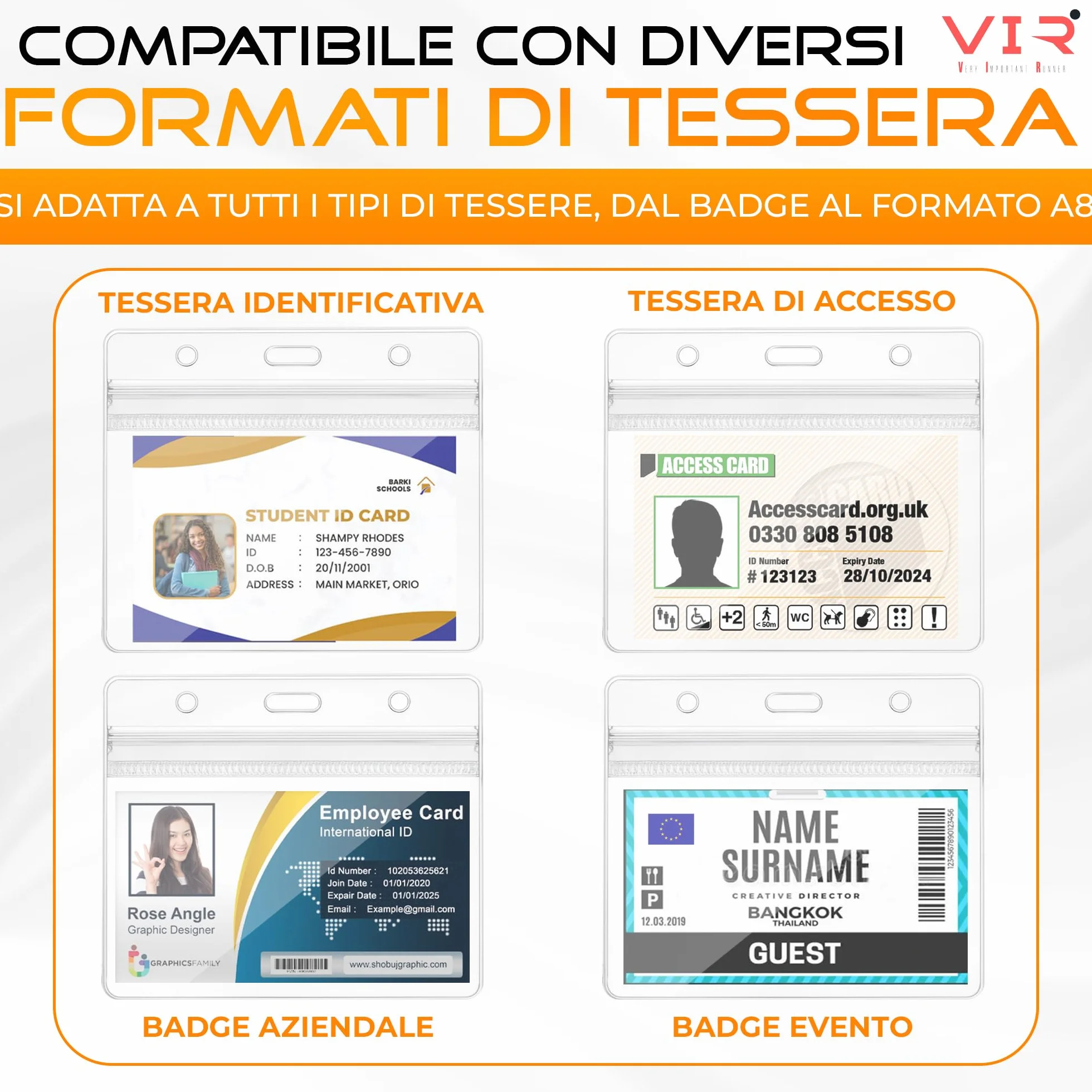 Porta Badge Trasparenti Impermeabile in PVC con Bordi Termosaldati e Apertura Superiore - 100 Pezzi