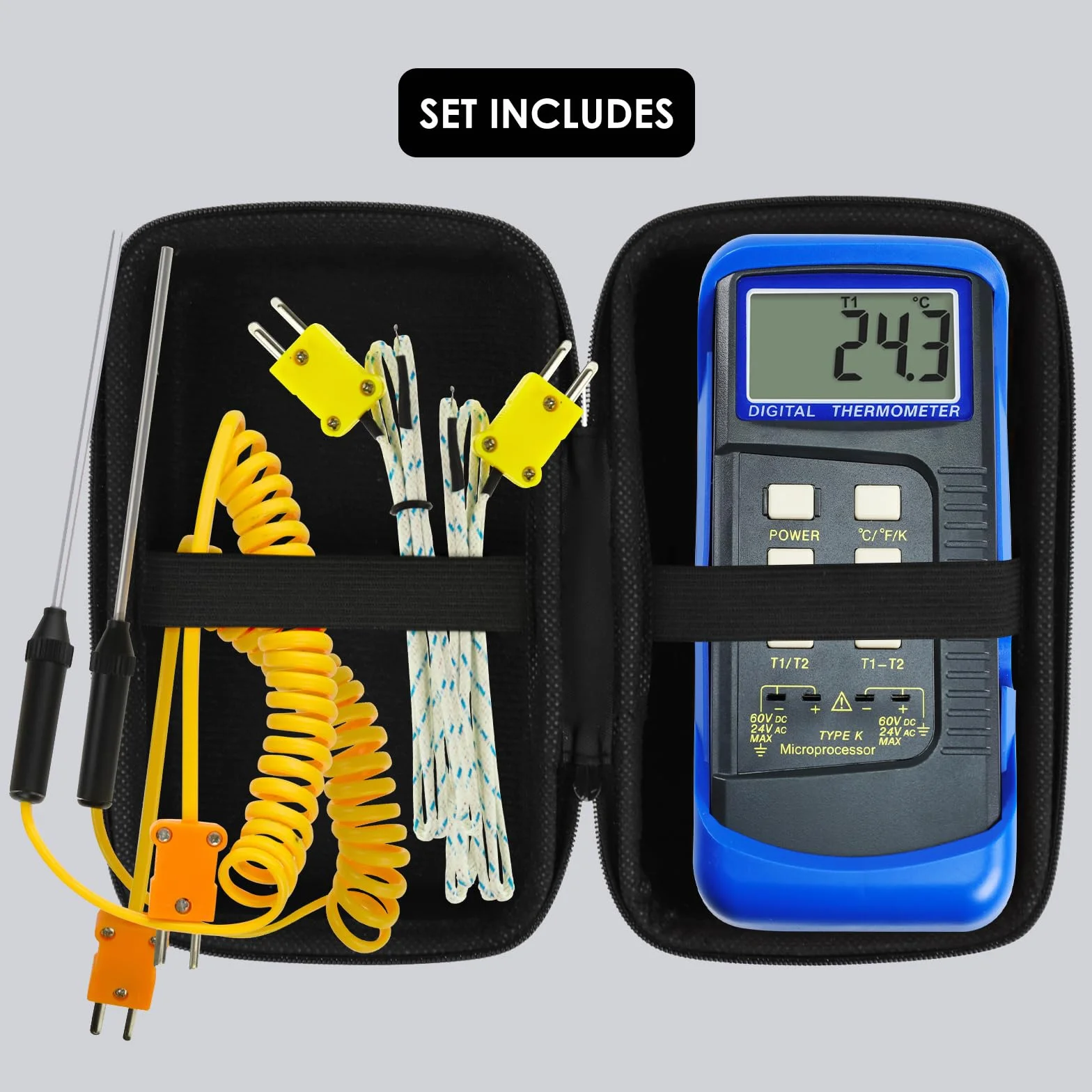 Termometro Digitale Tipo K Termocoppia Doppio Canale 4 Sonde Cablate Acciaio Inossidabile -50~1300°C Tester Portatile