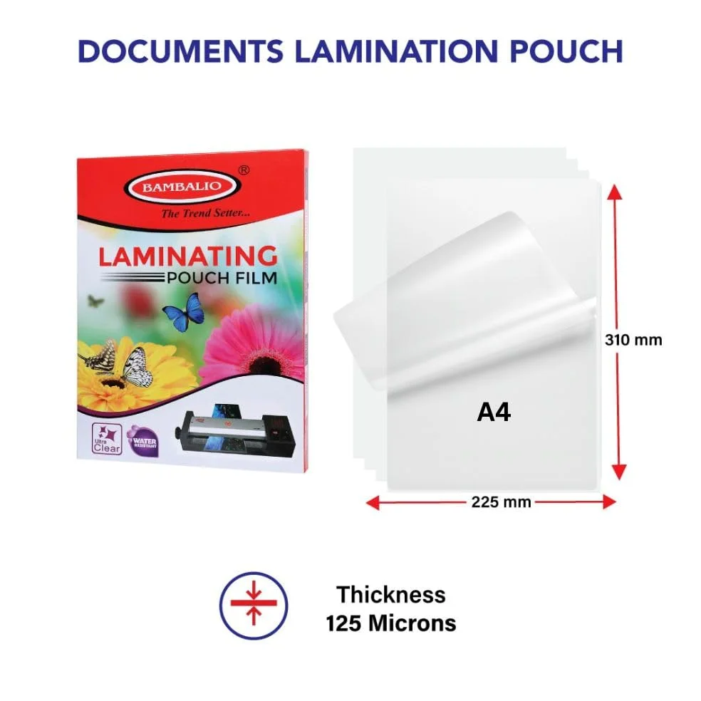 Bambalio Buste per plastificatrice termica professionale, 225 x 310 mm, formato A4, 125 micron/100 fogli, LAM-125