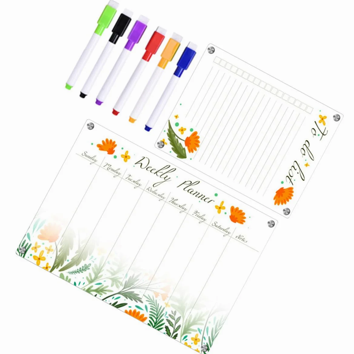Calendario Settimanale Magnetico per Frigorifero Lavagna Acrilica Cancellabile a Secco Bordo Floreale Trasparente Set 8 Pezzi A3+a4 per Casa, Ufficio e Scuola