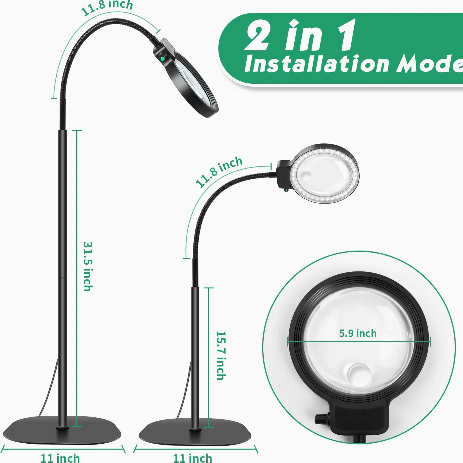 NZQXJXZ 2 in 1 Lente d'Ingrandimento con Luce e Supporto | Lampada d'Ingrandimento 5X e 10X con 36 LED a Luminosità Regolabile, Lente di Ingrandimento per Lavori Ravvicinati, Lettura