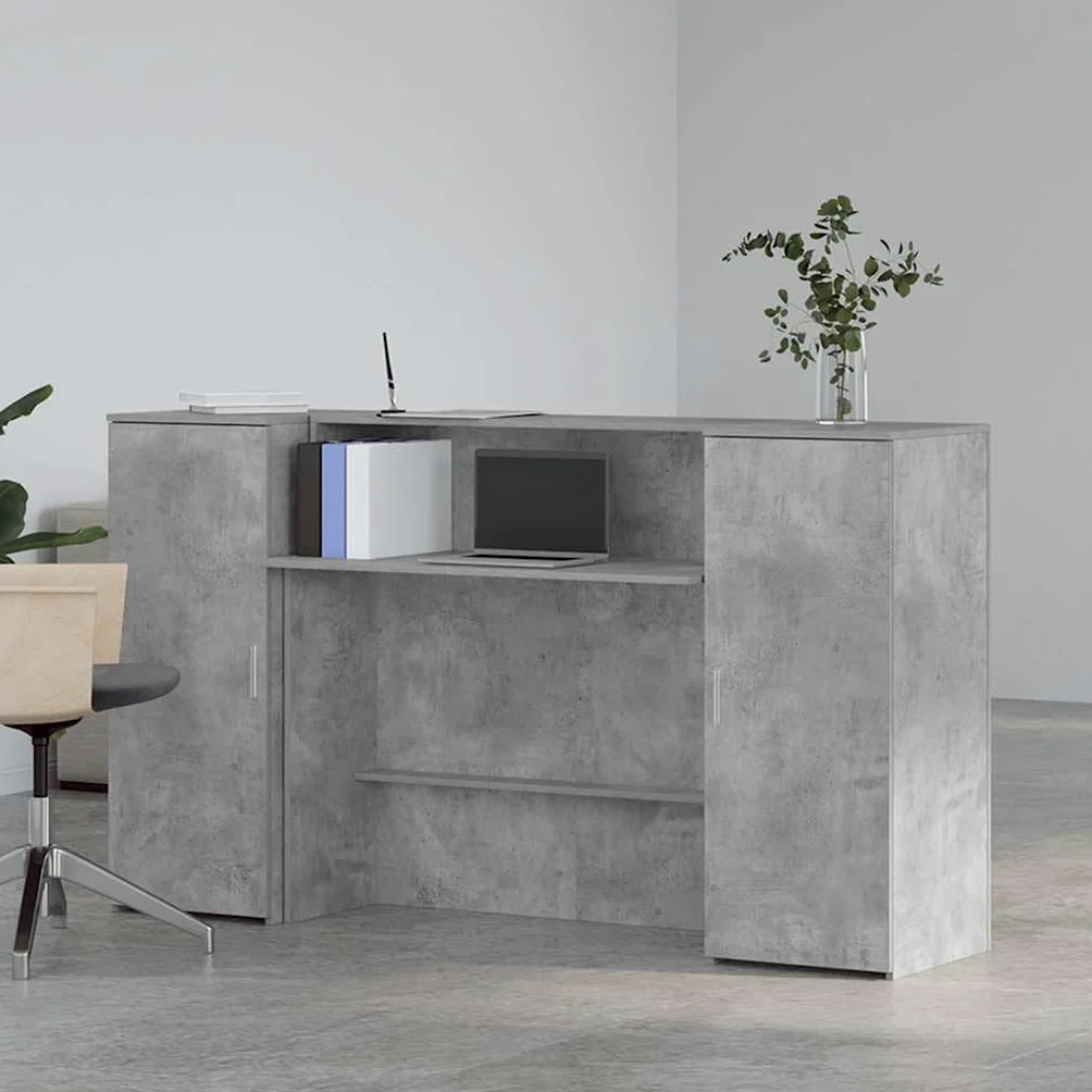 Bancone per ricevimento, grigio cemento, 180 x 50 x 103,5 cm, in legno | Bancone modulare con molto spazio per ufficio, studio e salone. Protezione discreta grazie alle pareti laterali alte.