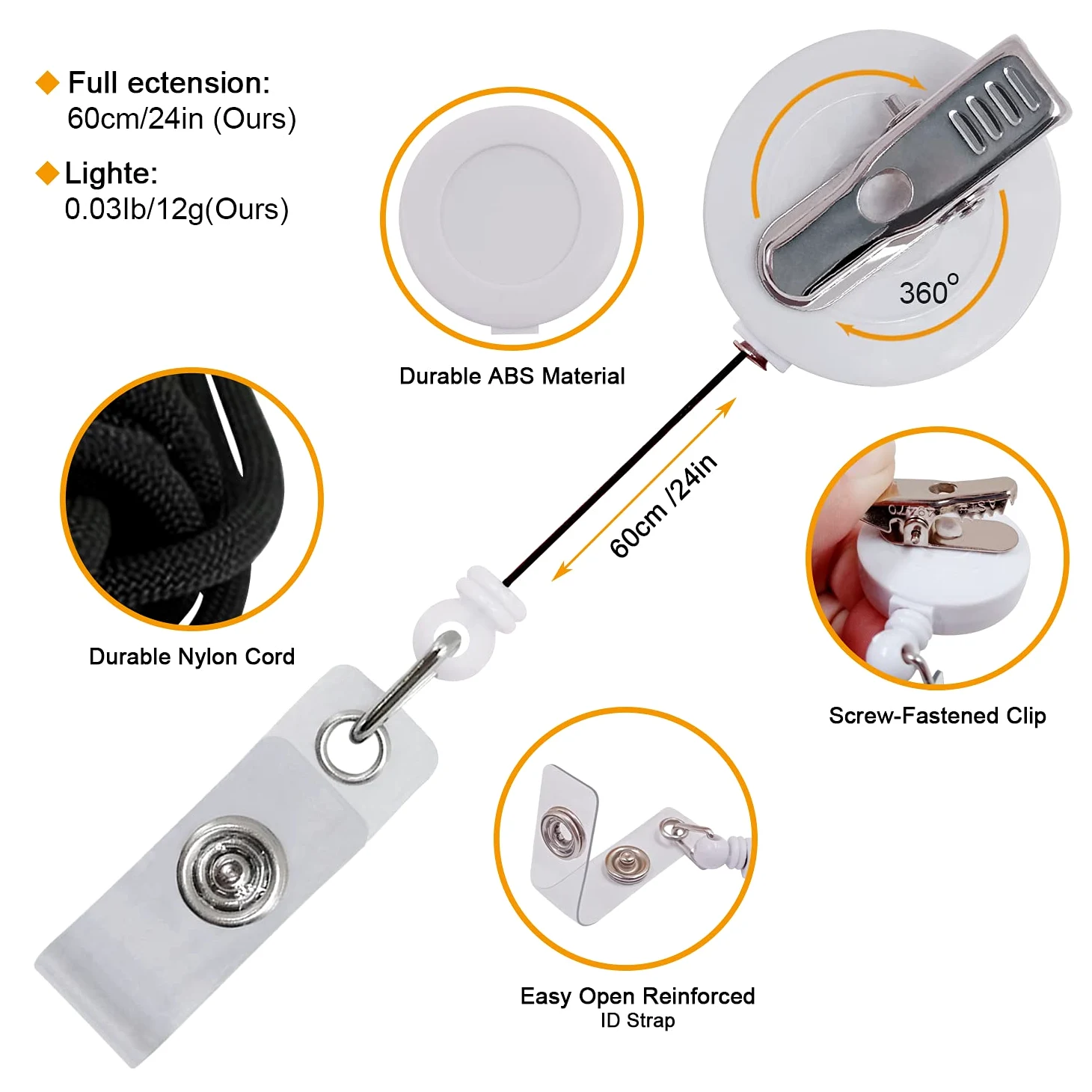 Premium Badges, confezione da 100 porta badge retrattili con clip a coccodrillo girevole, confezione da 100 pezzi, colore: bianco