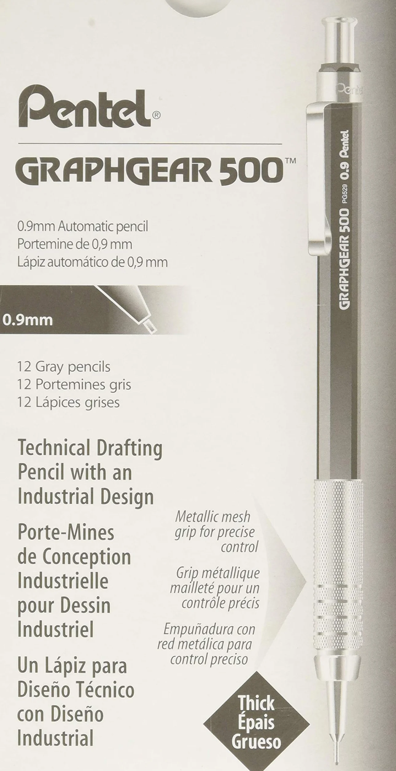 Pentel Graphgear 500 - Set di 12 portamine, puntalino fisso di 4 mm, colore grigio 0,9 mm