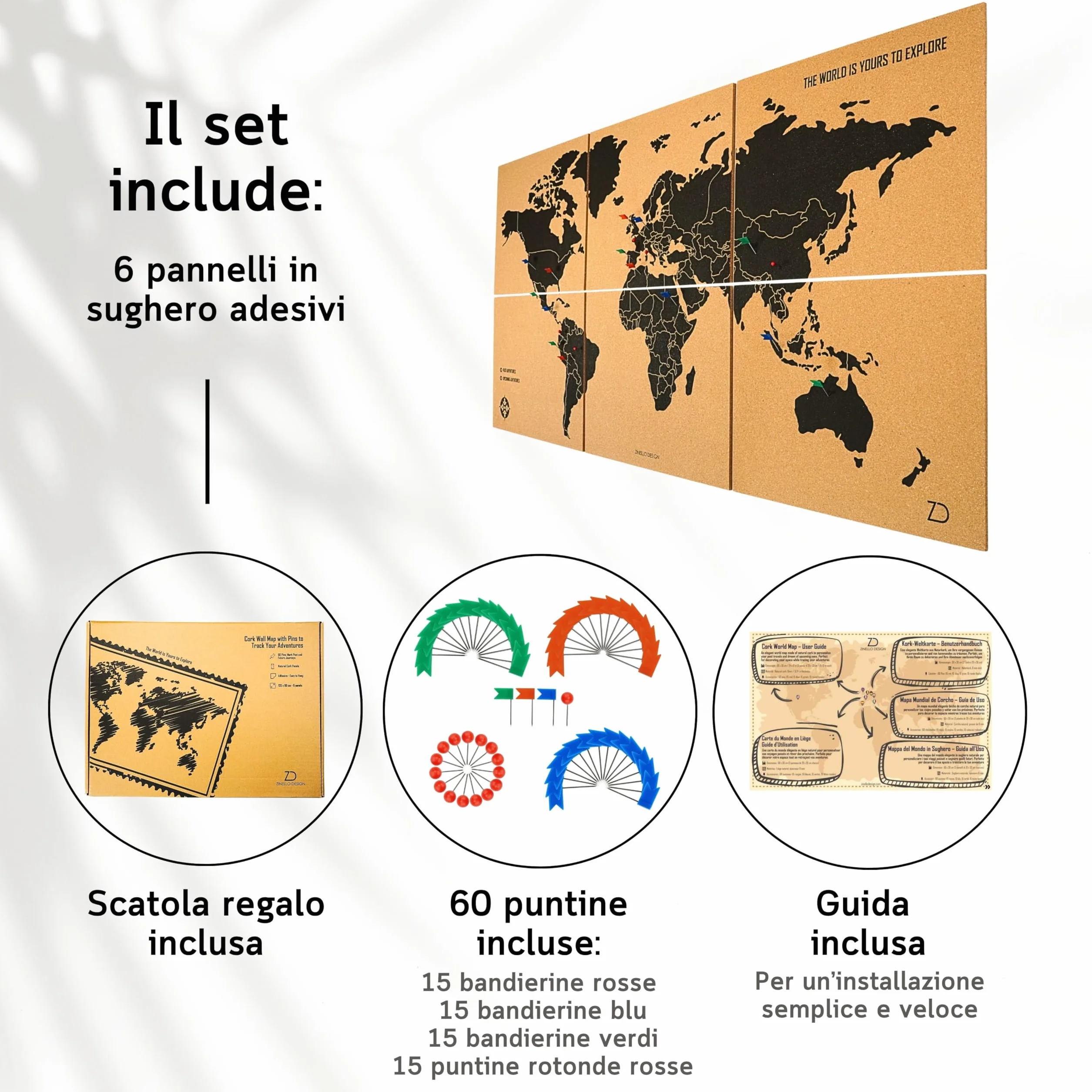 Mappamondo da Parete 90x45 cm – 6 Pannelli Autoadesivi in Sughero – Mappa del Mondo con Puntine – Planisfero Segna Viaggi – 60 Puntine Incluse