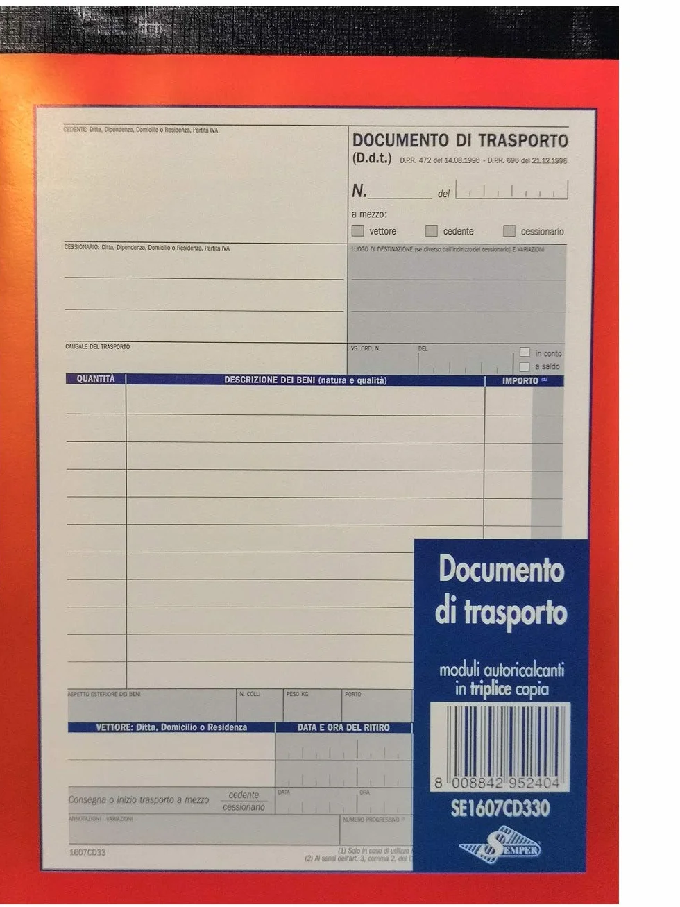 Blocchi Documenti di Trasporto 3 Copie 33 Moduli Autoricalcanti Triplice Copia A5