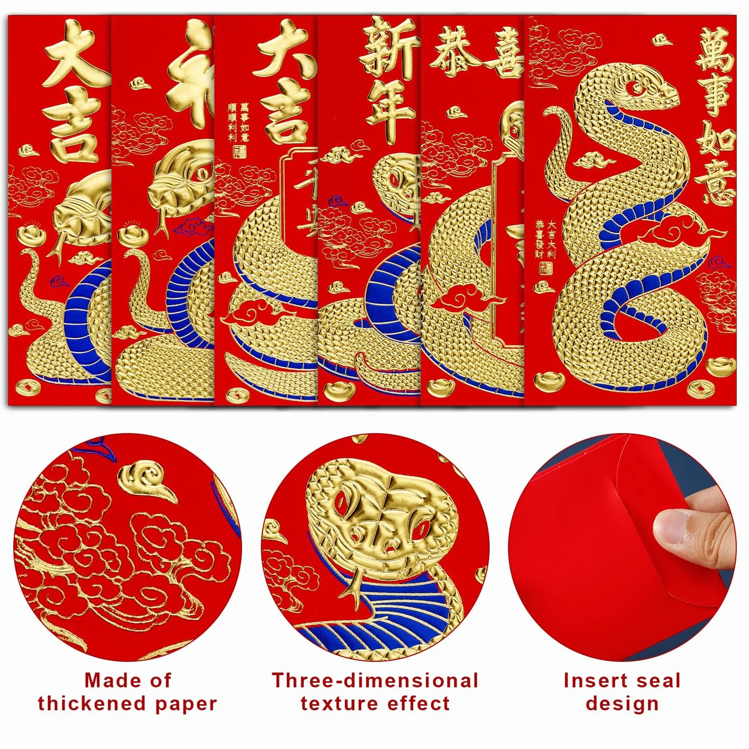 Buste Rosse per Capodanno Cinese 2025 con 50 Monete Feng Shui 16,8x9cm Hong Bao Serpente 6 Motivi Rilievo Dorati