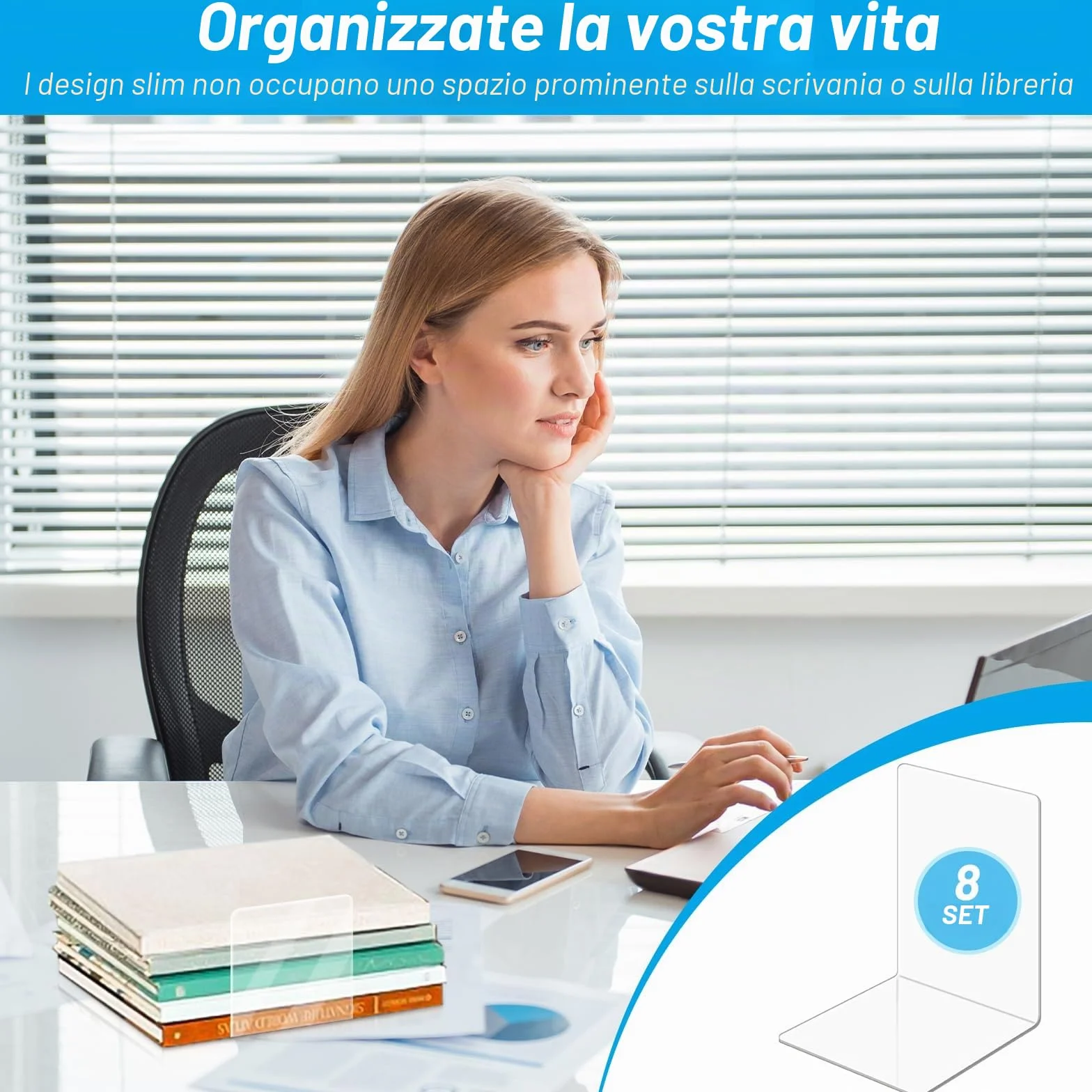 Fermalibri Acrilico Trasparente 8 Pezzi UCAMP per Mensole Libreria