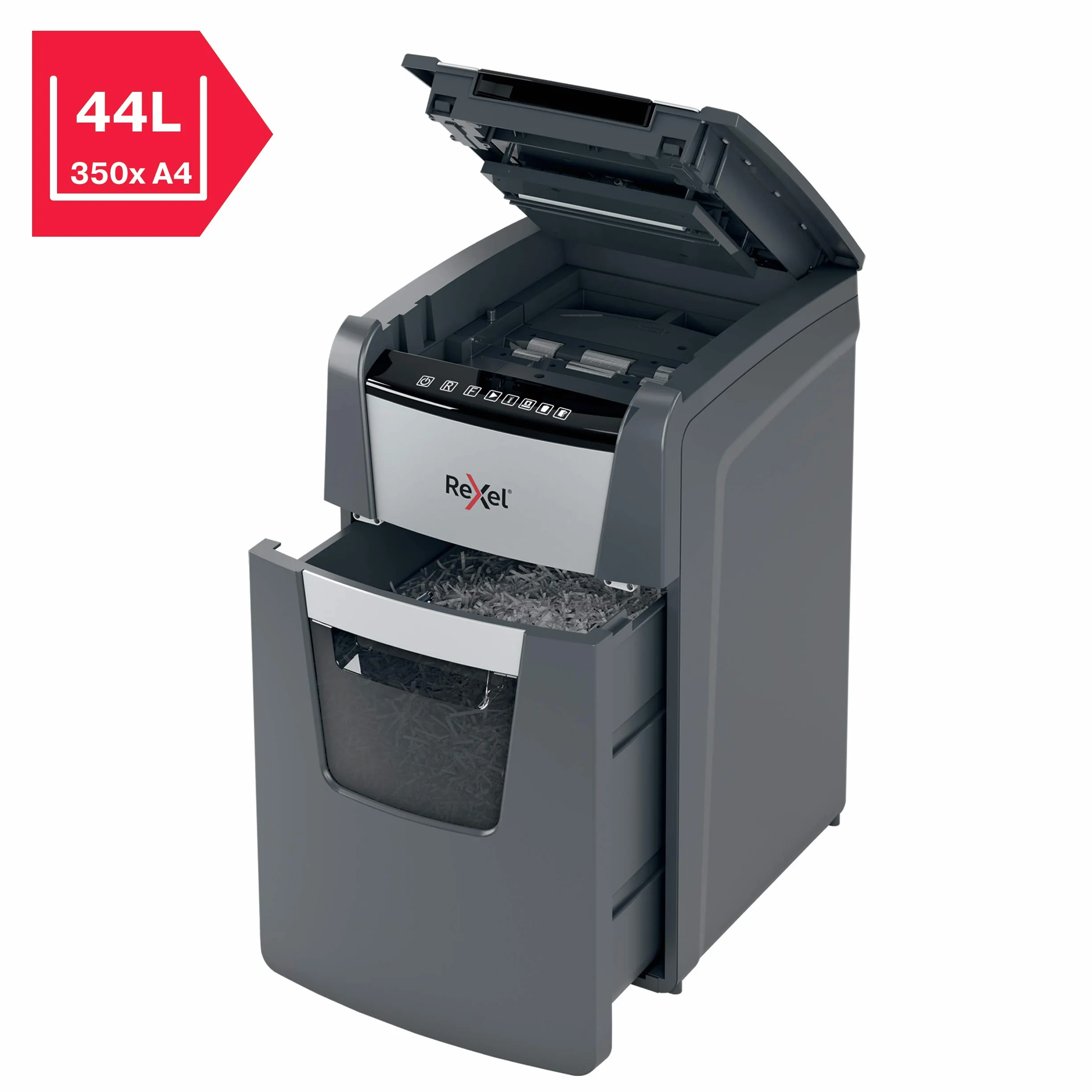 REXEL Optimum Auto Feed+ 130X, Distruggidocumenti Automatico, 130-150 Fogli (80-70 gr/mq), Taglio a Frammento, Livello di Sicurezza P-4, per Piccoli Uffici, Capacità 44 Litri, 2020130XEU