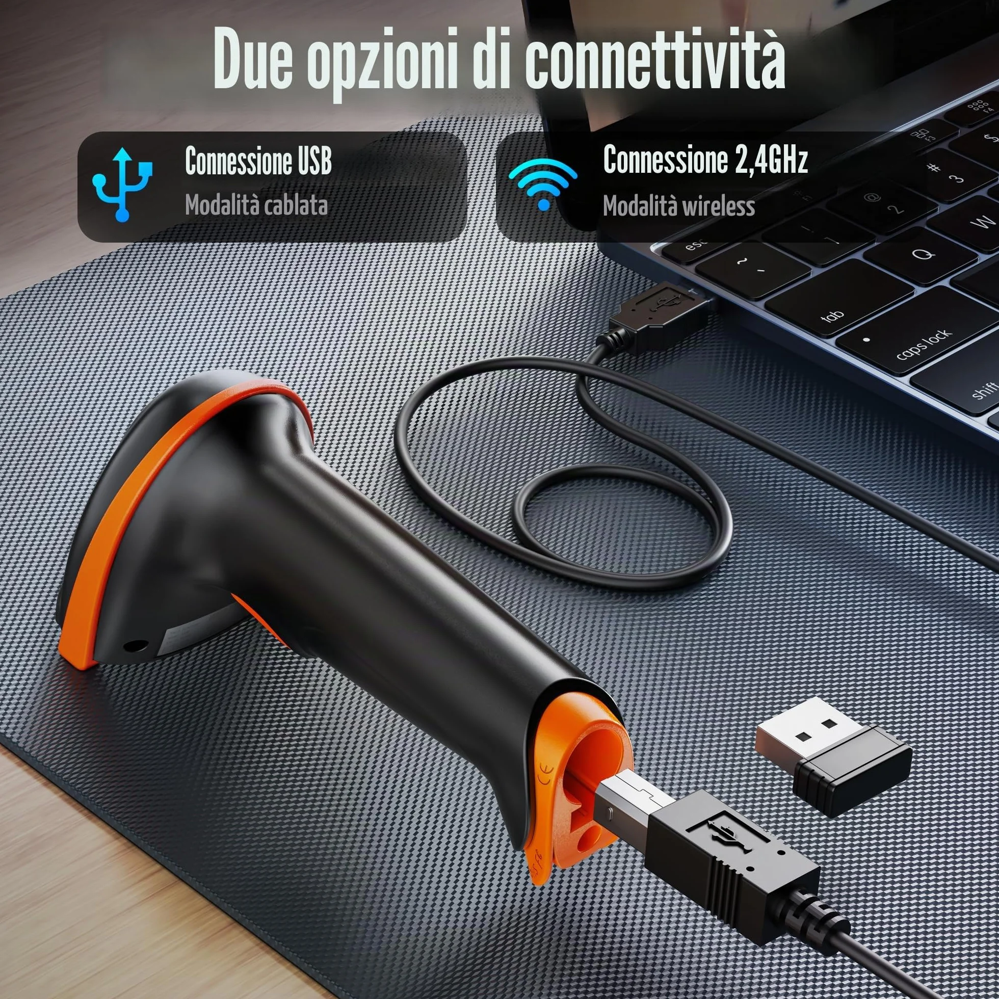 Tera Lettore di codici a barre 1D 2D QR senza fili 2,4 GHz + cavo USB 2,0, lettore di codici a barre con supporto, risoluzione 5 mil, portata 100 m, D5100.