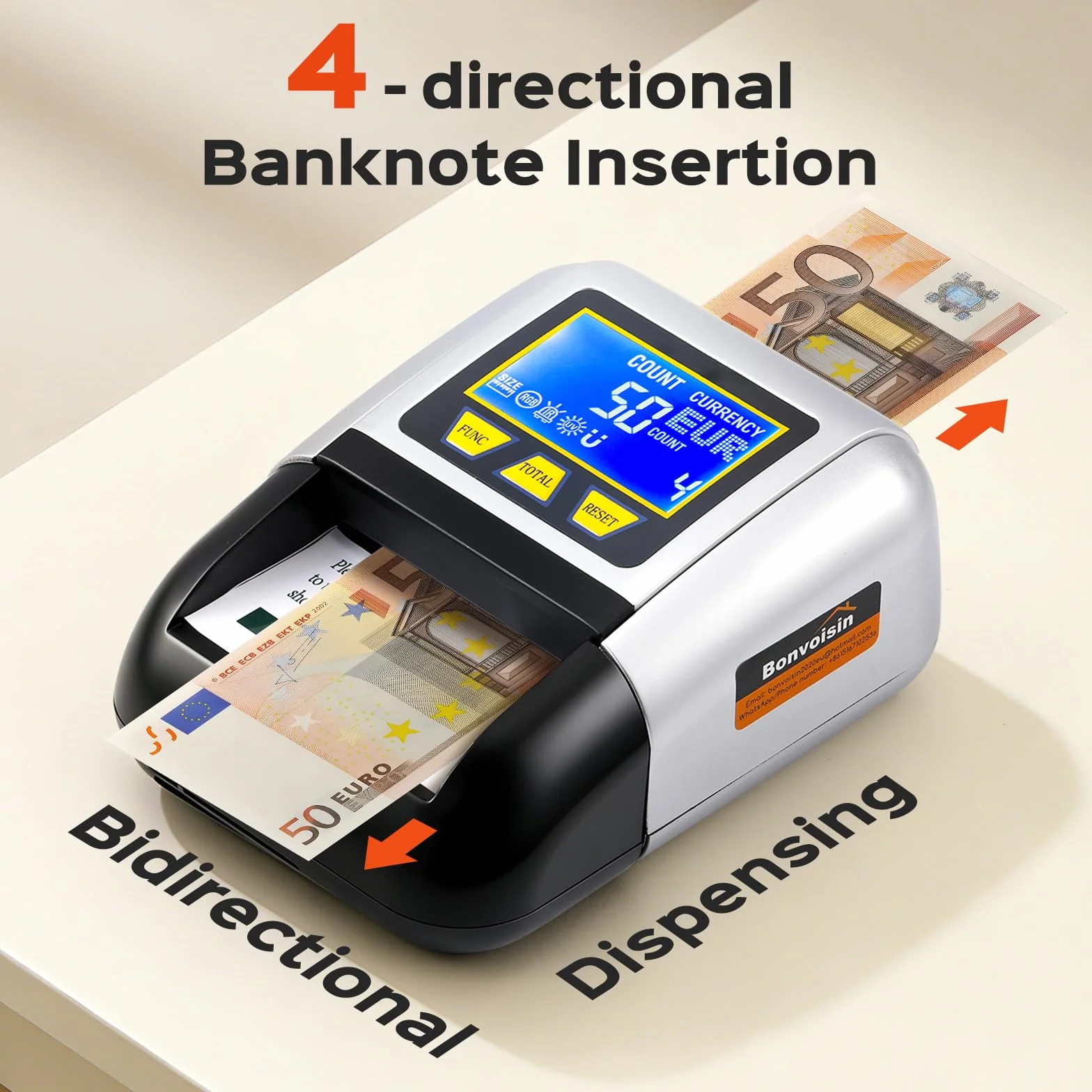 Bonvoisin Verificatore di Banconote, Rilevatore Falsi con UV/IR/MG, Portatile Testare con Funzione Valore Totale, Batteria Ricaricabile, 4 Orientamenti, Compatibile EUR/USD/GBP Ecc., Schermo LCD (A)
