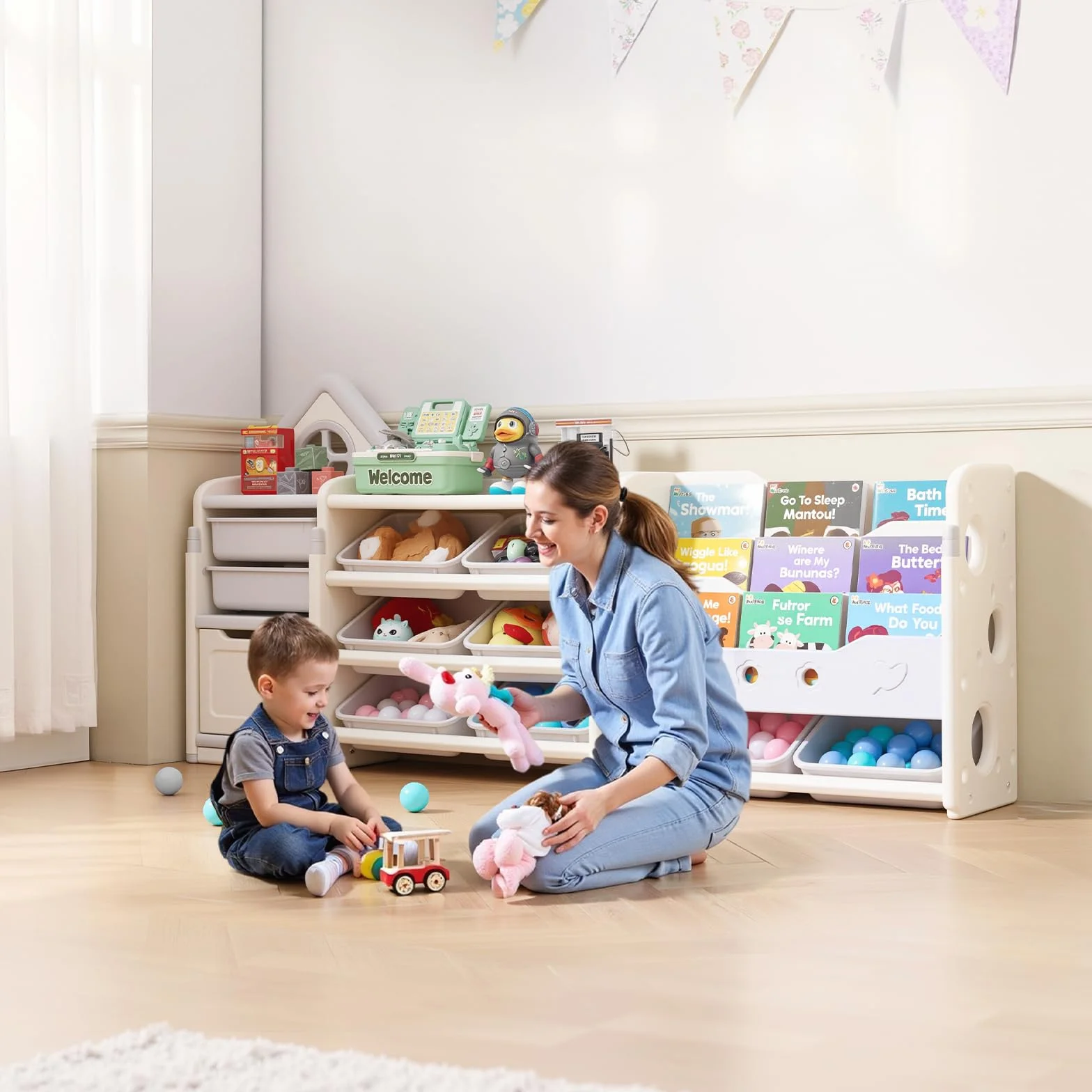 VEVOR Scaffale per Giocattoli in HDPE, Organizzatore per Giocattoli Multifunzionale a 4 Ripiani con 10 Contenitori in Plastica Flessibile, per Camera da Letto e Cameretta dei Bambini, Grigio e Beige