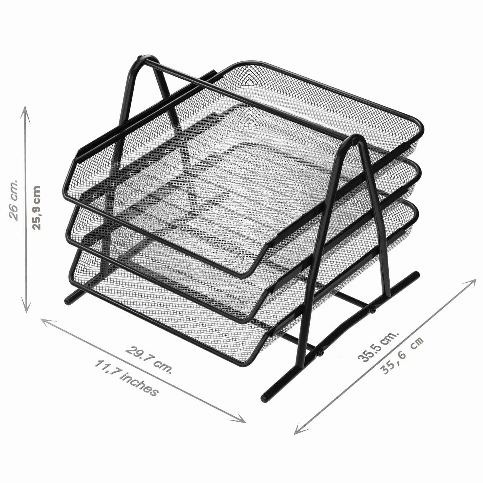 Detectalia Vassoio Organizzatore Documenti 3 Livelli Rete Metallica Nero 35,5 x 29,7 x 26 cm