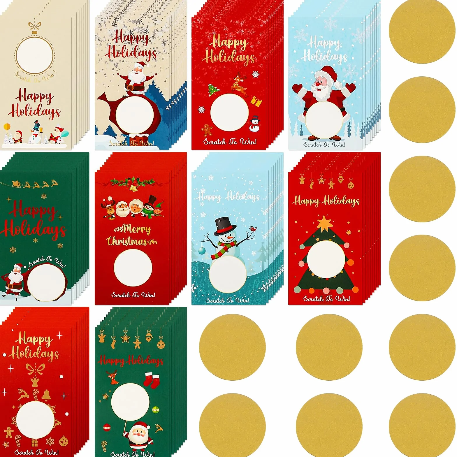 Nezyo 100 Pezzi Biglietti da Grattare di Natale Pupazzo di Neve Alce Babbo Natale Carta con Adesivi Dorati