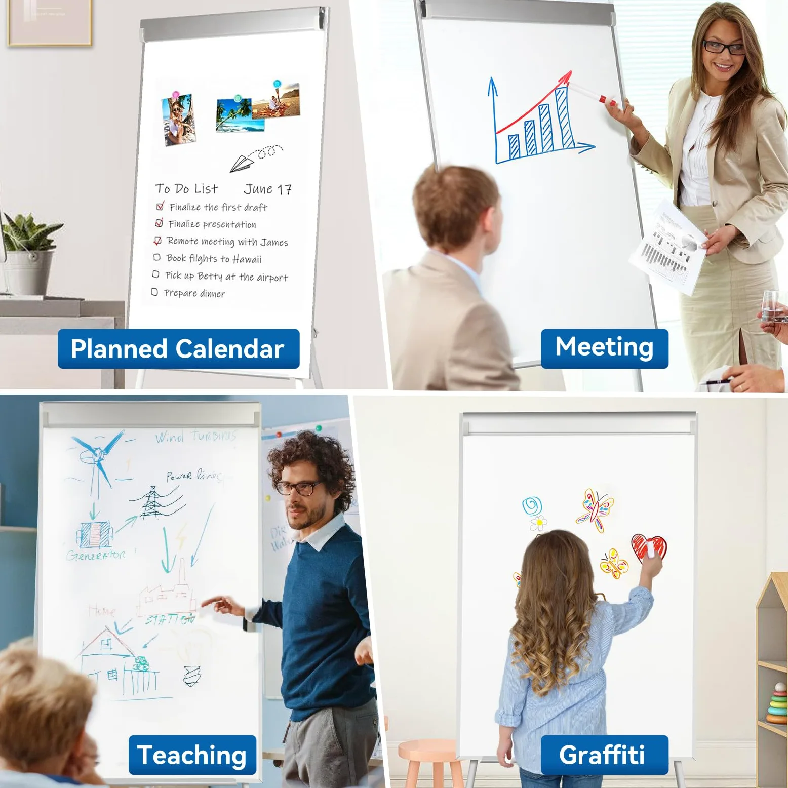 GESTONE Lavagna bianca portatile cancellabile a secco, con supporti, pieghevole, magnetica, lavagna a fogli mobili, per scuola, ufficio e casa (91 x 61 cm, bianco)