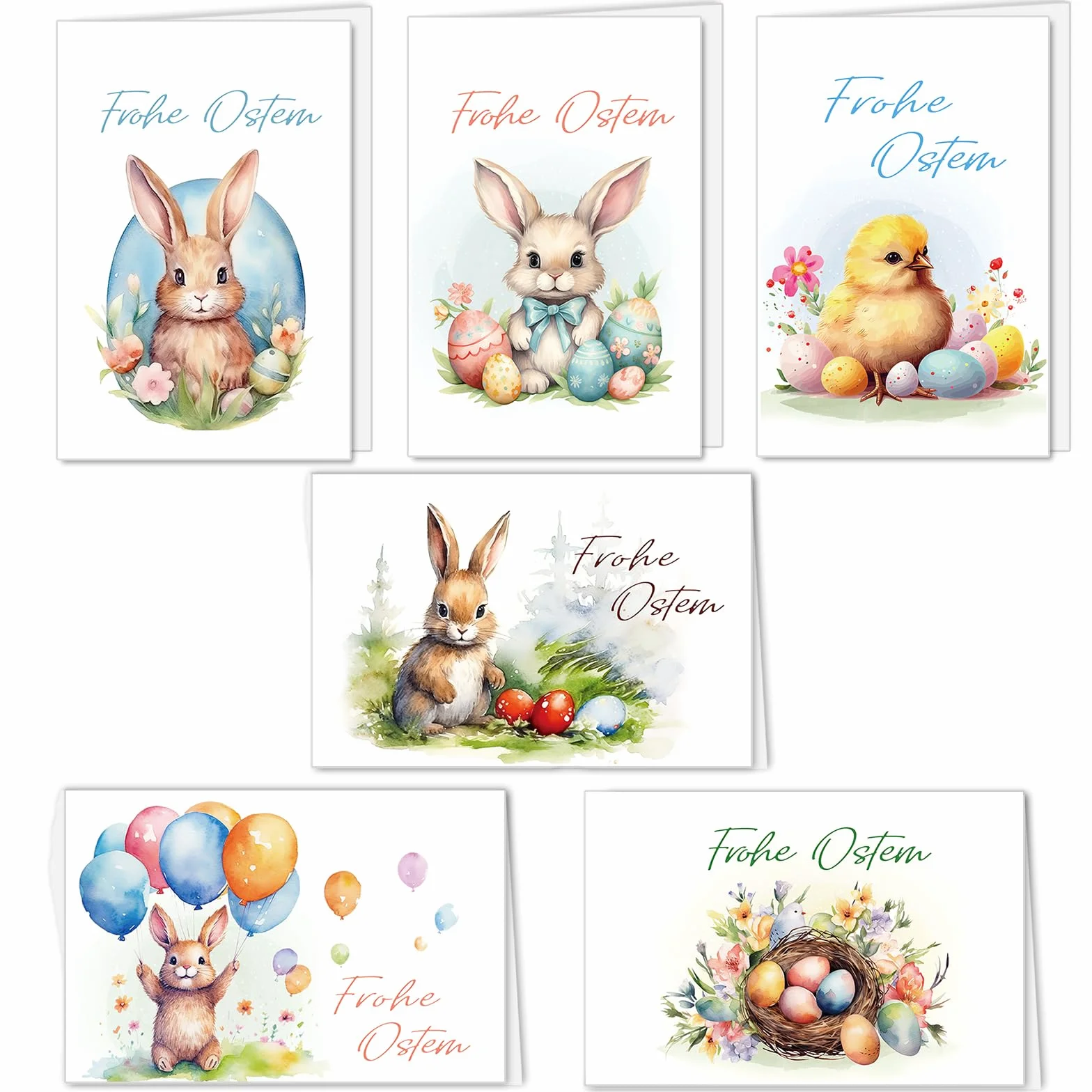 Zestaw 12 niemieckich kartek wielkanocnych z kopertami, otwieranych, z zajączkami i jajkami, Happy Easter