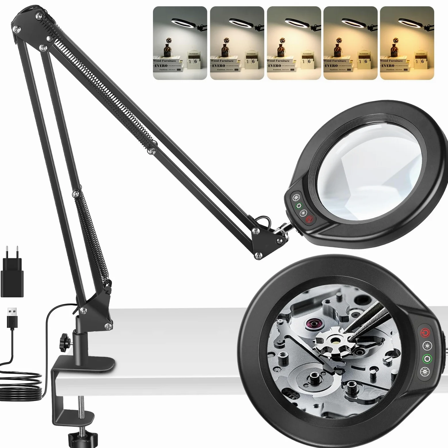 Lente d'ingrandimento 12X con luce e supporto, vetro ottico da 5 pollici, lampada con lente d'ingrandimento con 5 modalità di colore, lente d'ingrandimento dimmerabile con morsetto, lampada da