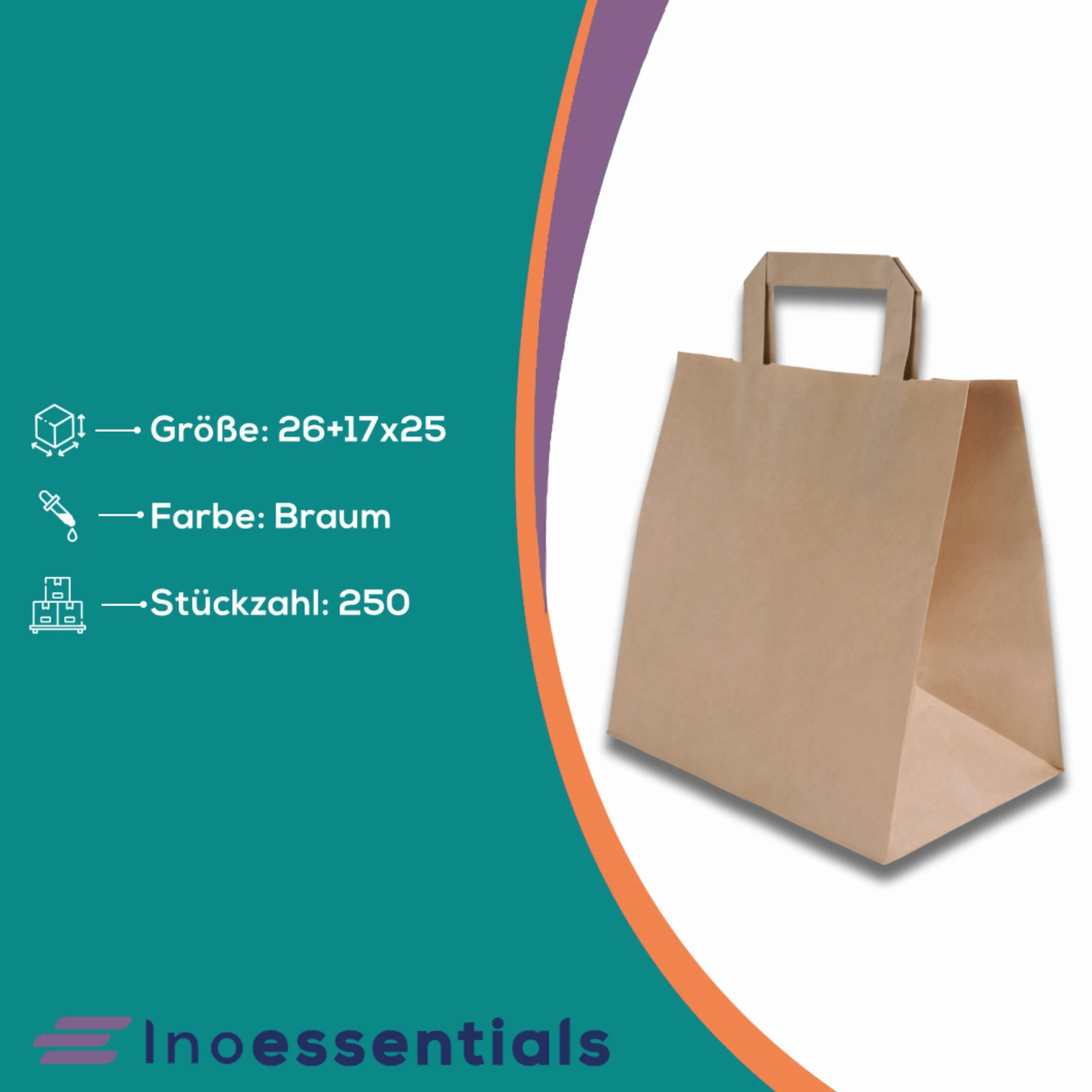 Inoverse 250 Borse in Carta Kraft con Manici, 26x17x25 cm Sacchetti Regalo Marroni