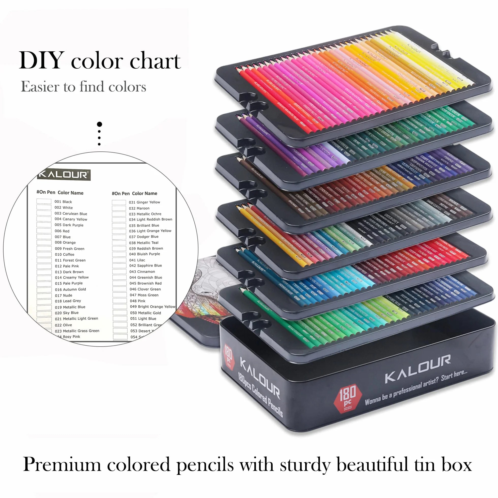 KALOUR Set di 180 matite colorate per adulti e artisti ricco pigmento a base di 12 matite metalliche a base di cera ideale per colorare disegni schizzi sfumature colori vivaci in astuccio di latta