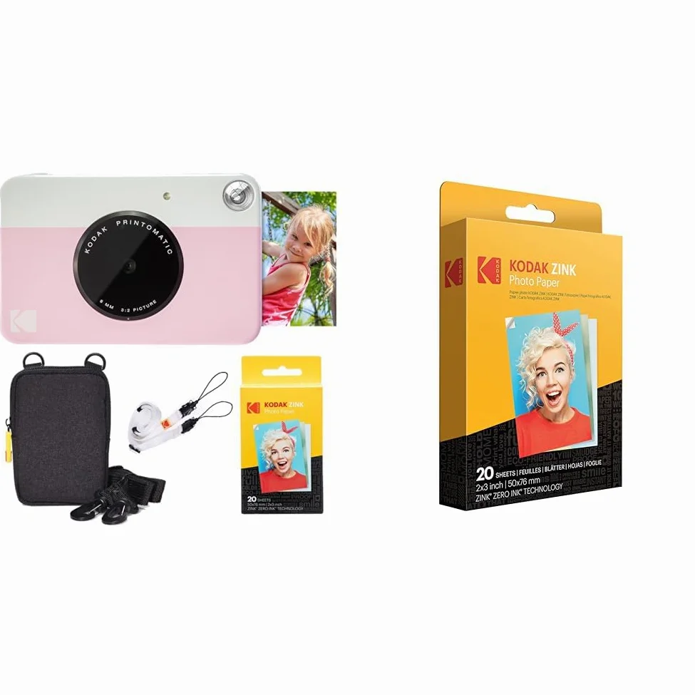 KODAK Pacchetto Base per Fotocamera istantanea Printomatic (Rosa) + Carta Zink (20 Fogli) + Custodia Deluxe + Comoda Tracolla & ZINK - Carta fotografica, Formato 2"x3", Confezione da 20 fogli