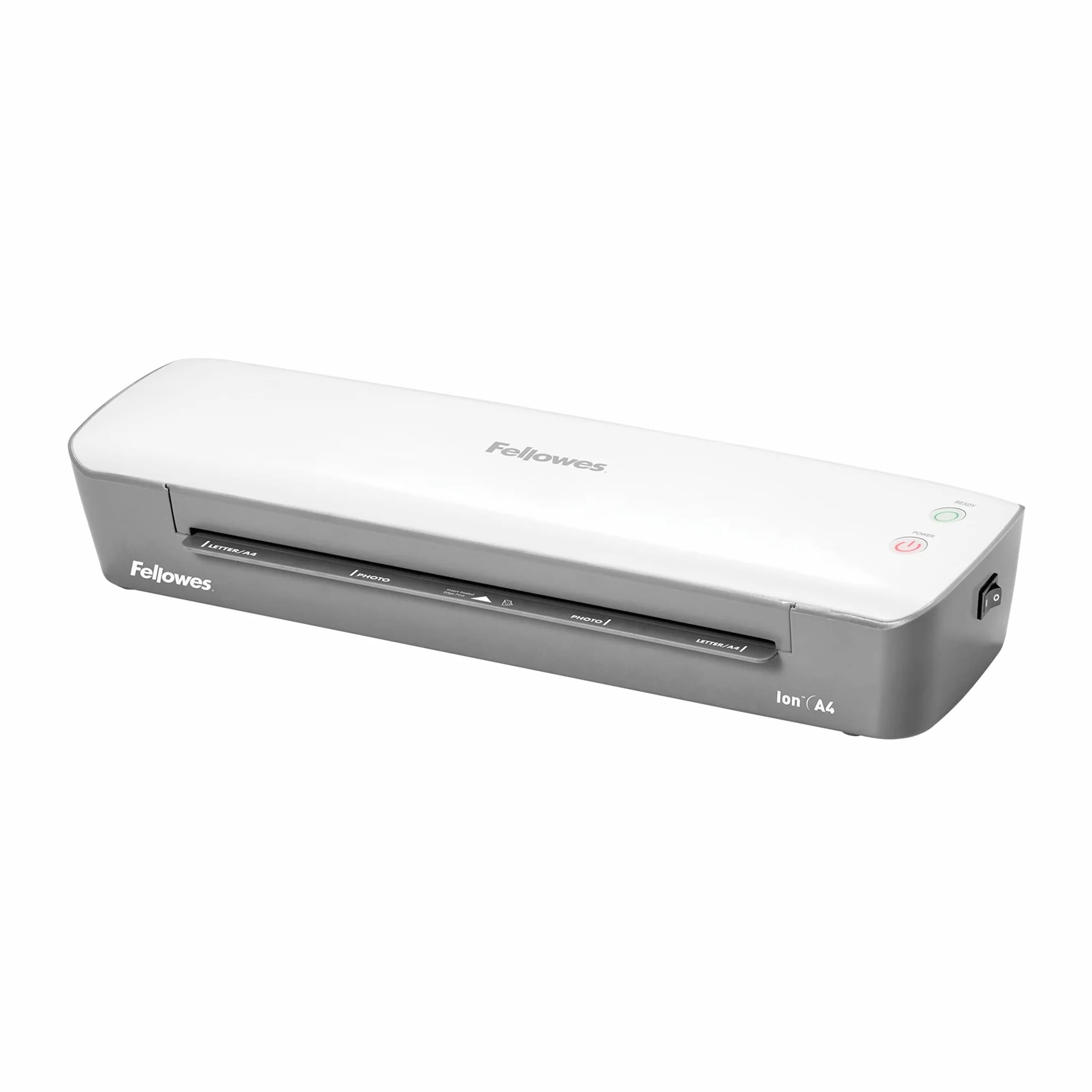 Fellowes plastificatrice Ion A4, formato A4, fino a 125 micron, per casa e ufficio, plastificatrice con leva di sblocco e modalità riposo, riscaldamento in 4 minuti, incluso starter pack di 10 pouches