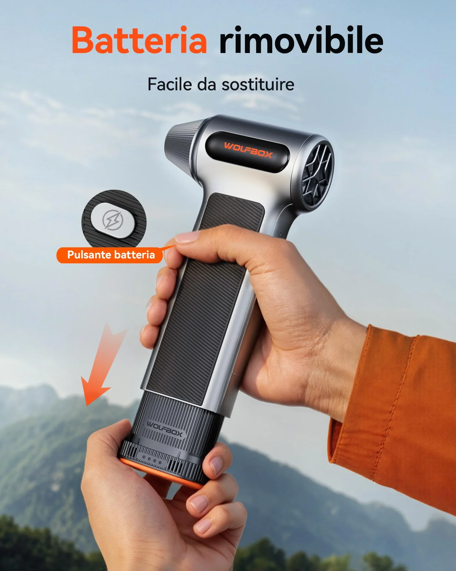 WOLFBOX MF200 Soffiatore a Batteria con Batteria Rimovibile, Soffiatore Aria Compressa Elettrico Portatile 3 Velocità 87.5 m/s, Mini Soffiatore per Pulizia PC Tastiera Auto Casa, Air Duster 4 Ugelli