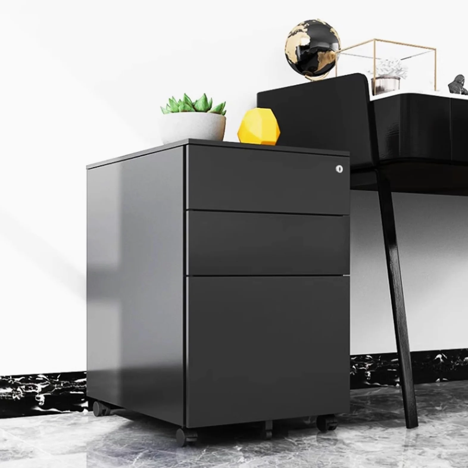 Armadietto mobile con serratura con 3 cassetti, soluzione di archiviazione in metallo, per casa e ufficio, cassettiera in acciaio nero (39 x 50 x 60 cm) salvaspazio
