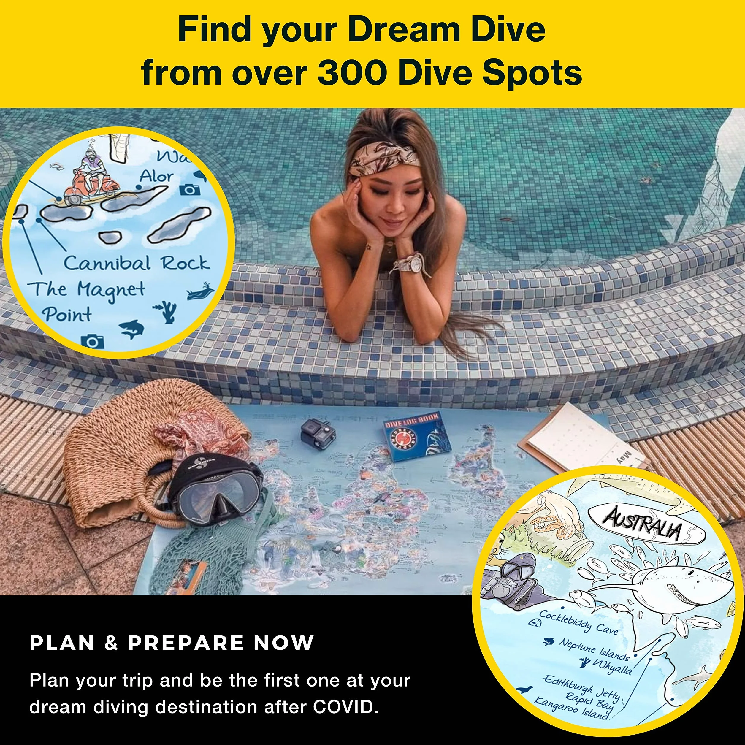 Dive Map by Awesome Maps - Mappa del mondo illustrata per gli appassionati di immersioni - riscrivibile - 97,5 x 56 cm