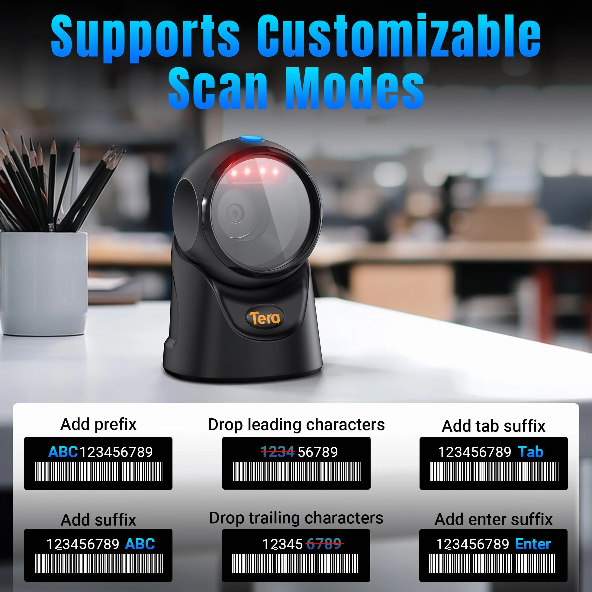Tera Scanner Barcode 1D/2D QR da Banco Omnidirezionale USB Cablato Vivavoce Angolo Regolabile Plug & Play per POS Supermercato Magazzino Negozio Ospedale 9700