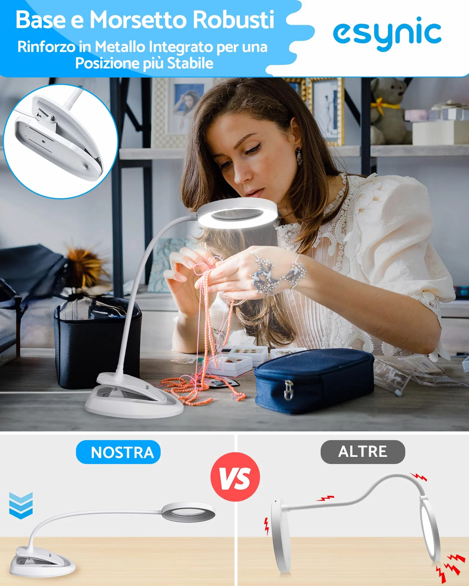 eSynic 2 in 1 Lente di Ingrandimento 5X 10X Lampada LED da Tavolo con Morsetto Staccabile e USB Cavo Integrato, Magnifier a 40 LED, 3 Colori Luce, 5 Temperature 3000-6500K, 10 Luminosità Regolabile