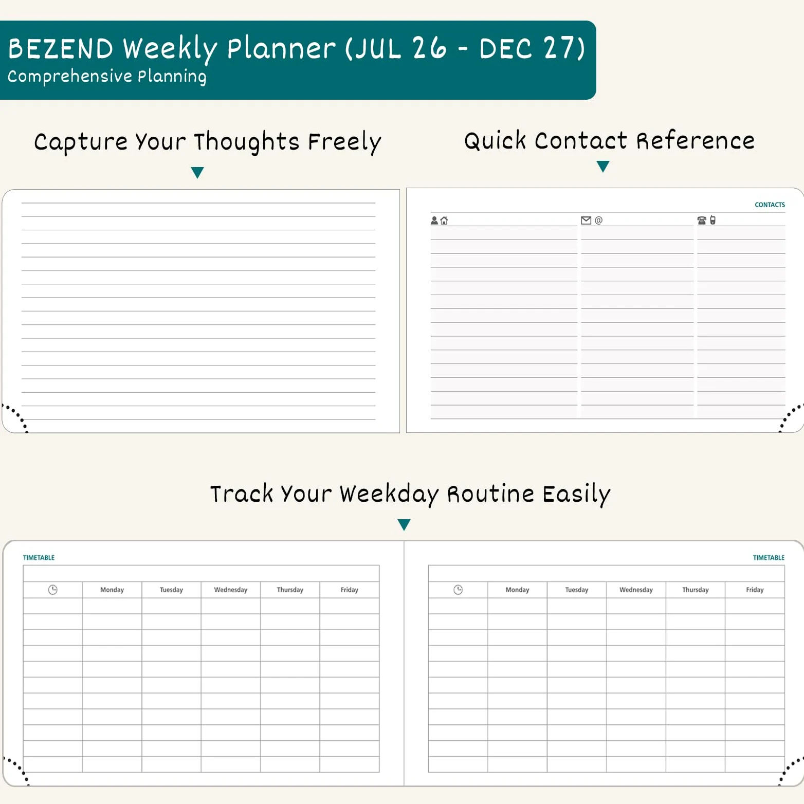 BEZEND Planner 2026 2027 settimanale e mensile (22,9 x 14 cm), calendario 18 mesi con calendario verticale giornaliero (26 luglio-27 dicembre), uguale spazio anche per il fine settimana, lavoro a casa