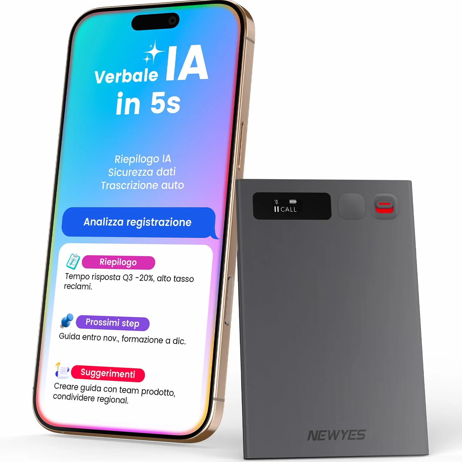 NEWYES Registratore Vocale AI con app dedicata,trascrivi e riepiloga,Durata della batteria di 35 ore,memoria da 64 GB per riunioni,lezioni,chiamate,affari, lezioni