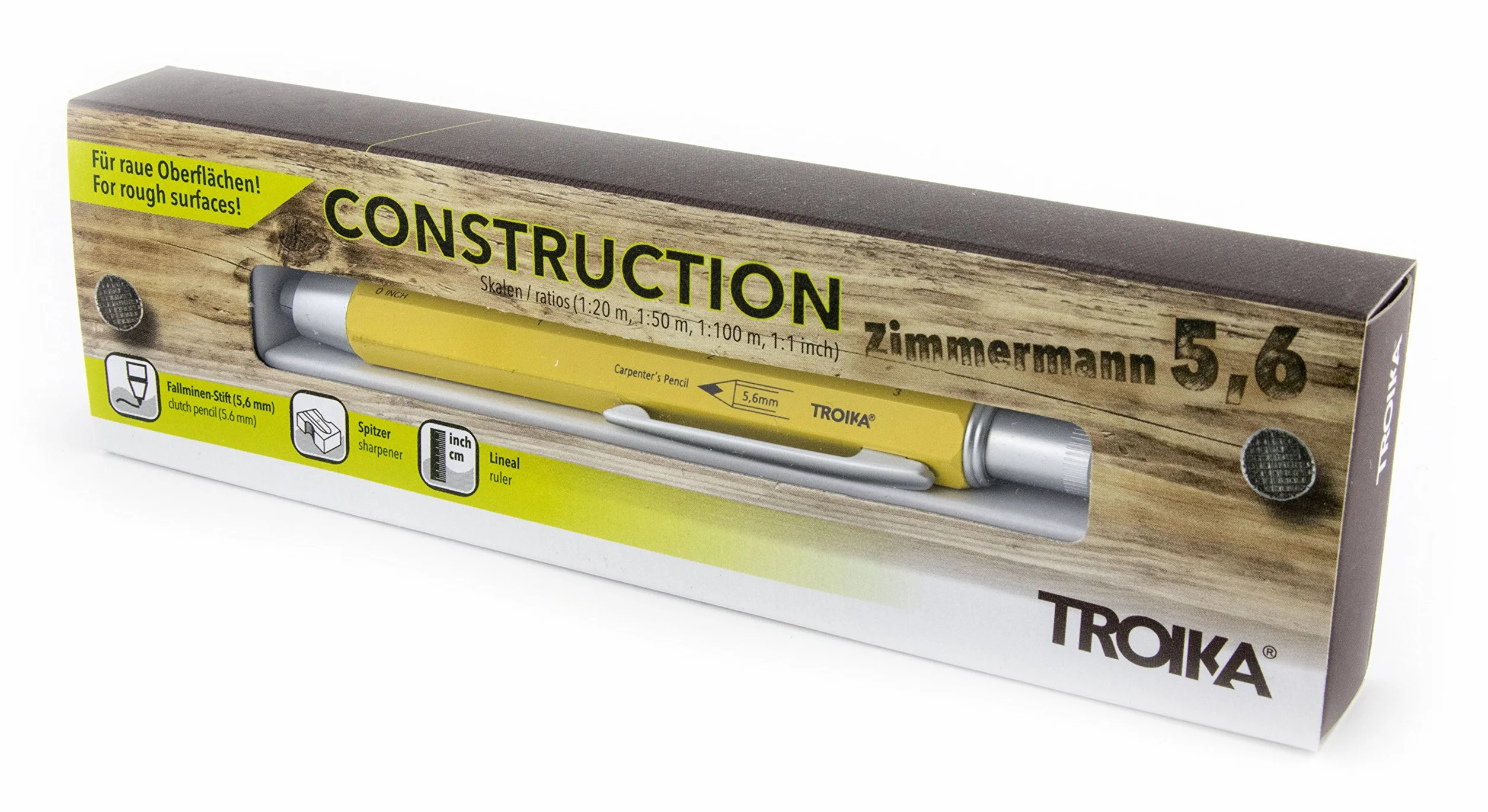 TROIKA ZIMMERMANN 5,6 BLEISTIFT- PEN56/YE mine (5,6 mm HB-mine), righello in centimetri/pollici, scala 1:20 m/1:50 m, temperamatite in ottone laccato giallo