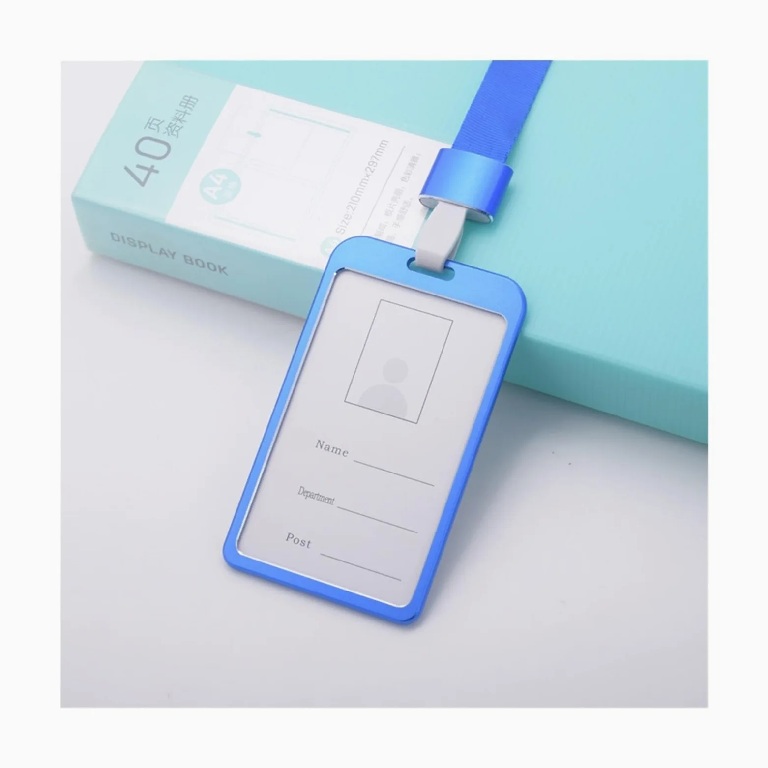 Porta badge Company Employess, in lega di alluminio, porta badge per personale d'ufficio, carta d'identità, trasparente, con cordino, per studenti, carte bancarie (piccolo-V-blu)