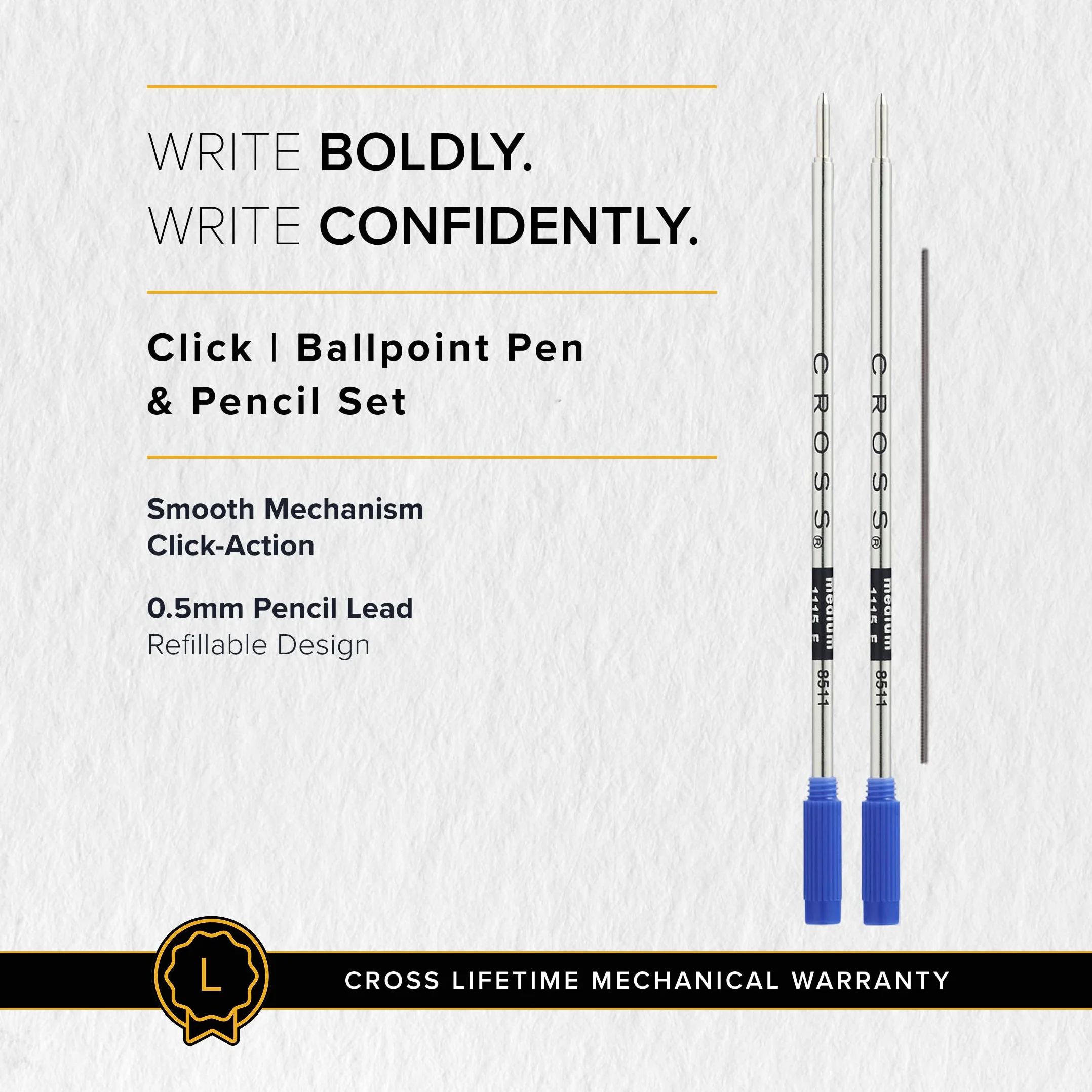 CROSS Click Classic - Penna a sfera ricaricabile nera e portamine da 0,5 mm, in confezione regalo premium
