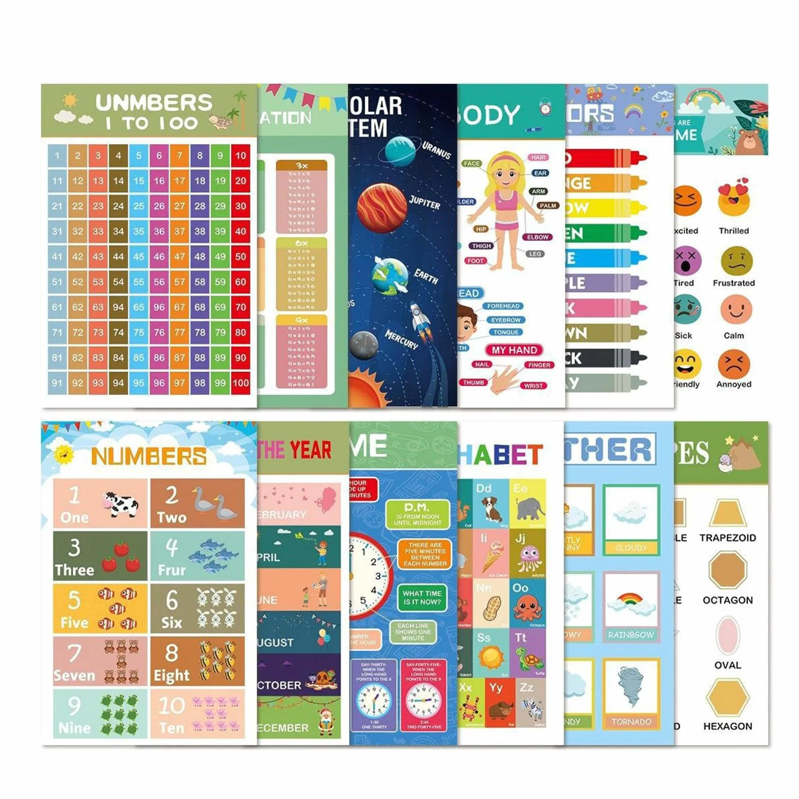 Poster educativi 40,2 x 40,2 cm set di 12 stampe con numeri e lettere per bambini in età prescolare