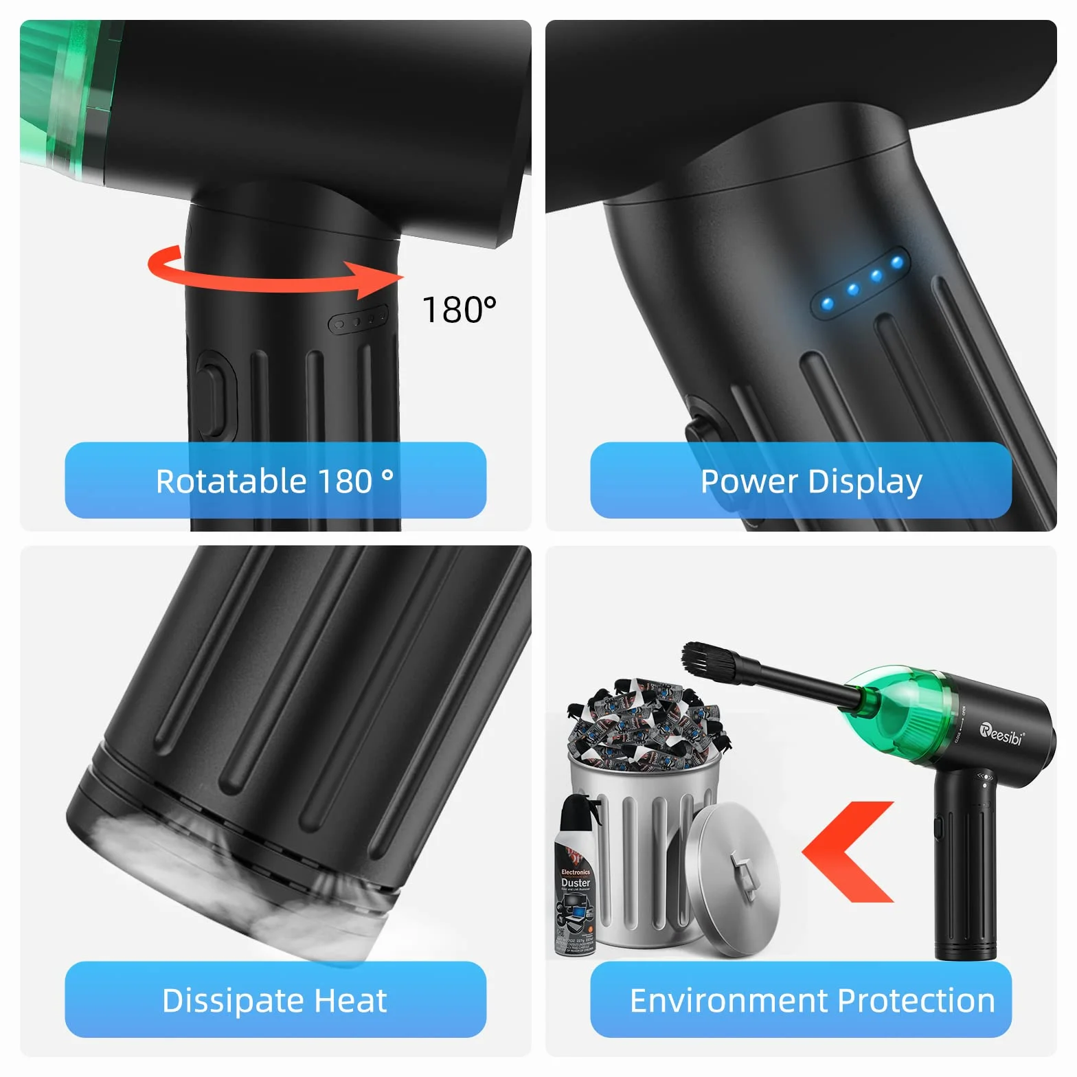 【Motore Brushless】 Reesibi 4 en 1 Elettrico 130000RPM Rimuovi Polvere Senza Fili & 12Kpa Aspirapolvere, Progettazione del Radiatore, Chip Intelligente, 3 Velocità, 90W, 7500mAh, 15W di Carica Rapida