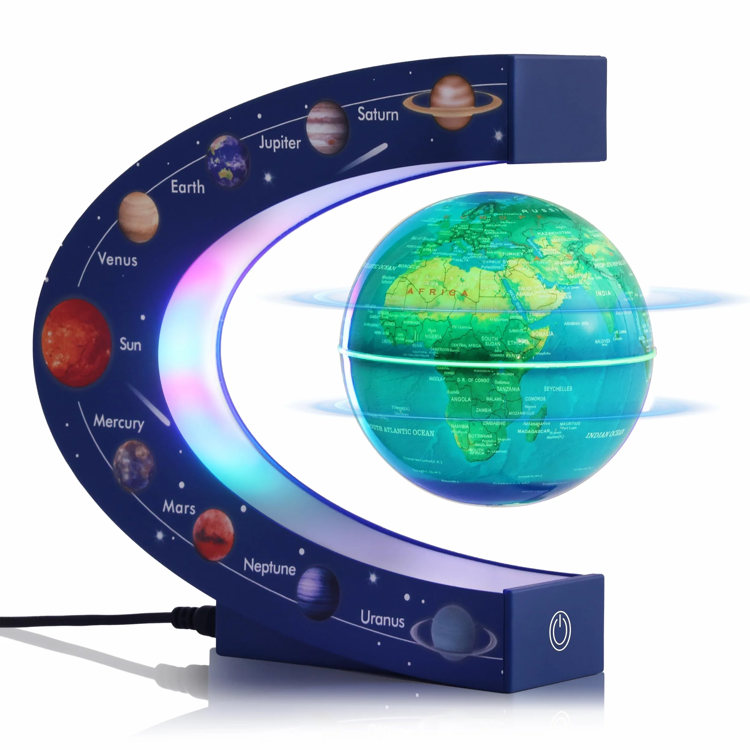 KAIMC Globo Magnetico Levitante 3 Pollici con LED Multicolore, Interruttore Touch e Globo Cangiante, Mappamondo Rotante da Scrivania con Supporto con Stampa dei Nove Pianeti, per Ufficio e Casa