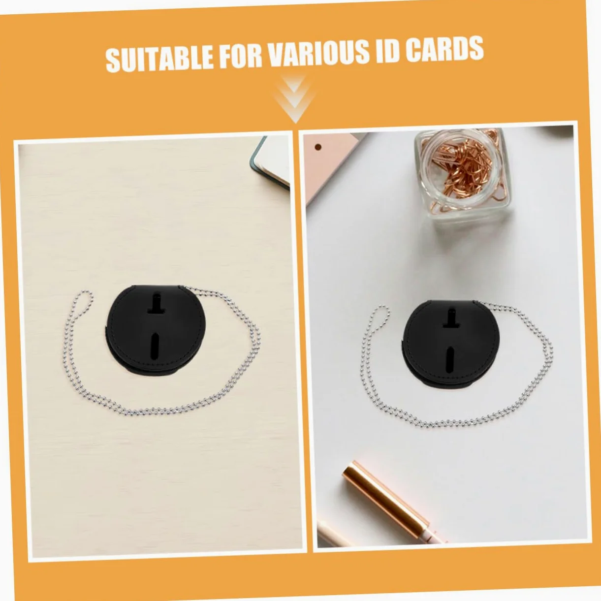 Porta Badge Circolare 7 Pezzi in Pu con Clip e Catena | Lega di Alluminio, Cordino da Collo Incluso, Nero, Uso Quotidiano e Eventi