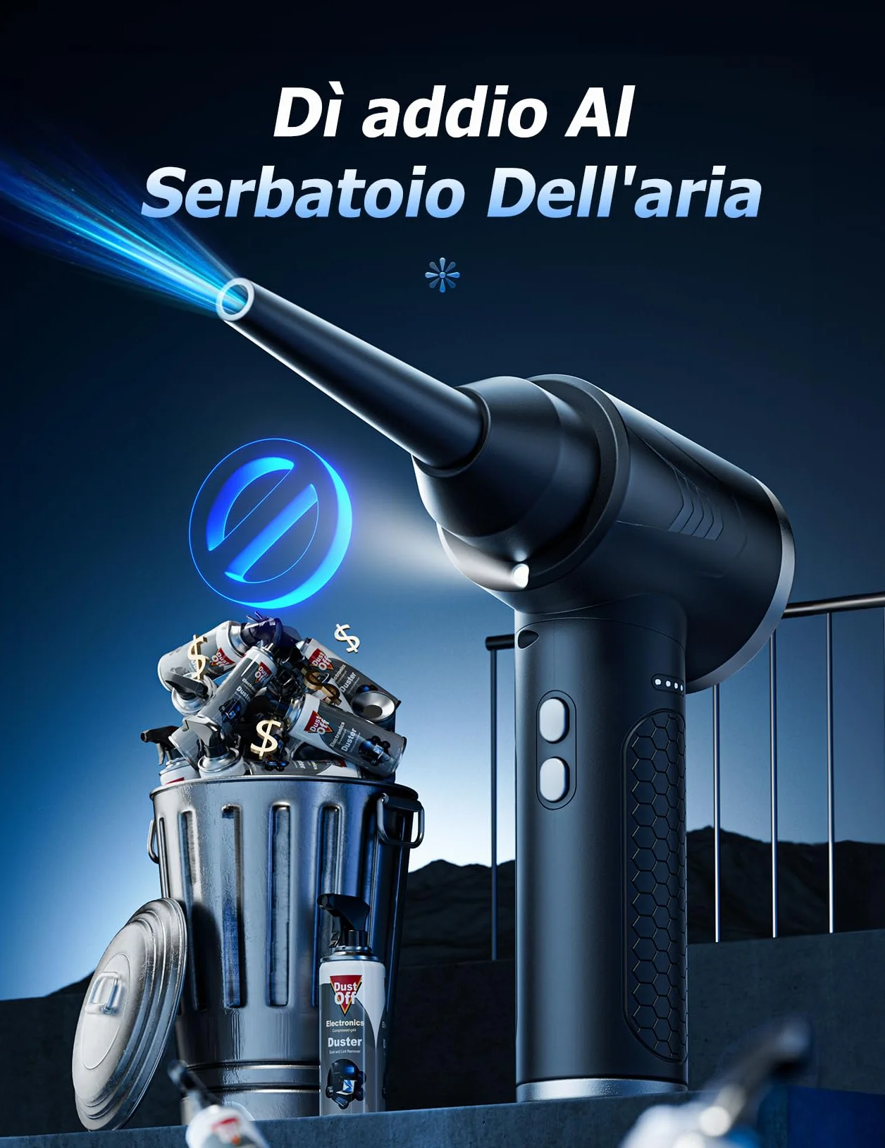 Aria Compressa Elettrico 3 Velocità con Luce LED, 100.000 Giri/Min, Batteria 9000 mAh, Kit Pulizia PC