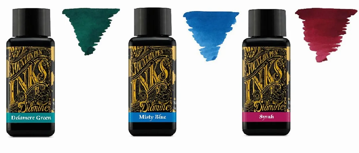 Diamine - Penna stilografica con inchiostro 30 ml, 3 bottiglie, colore: verde e blu nebbioso e Syrah