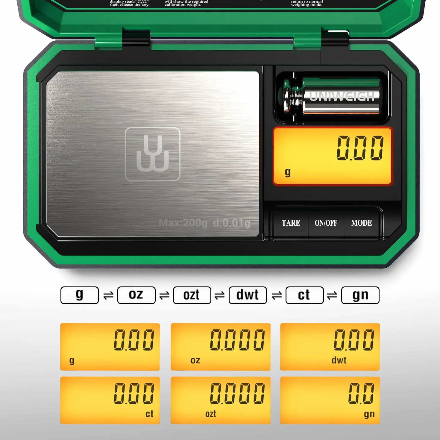 UNIWEIGH Bilancia digitale tascabile 200g/0,01g, mini scala alimentare con peso di calibrazione 50g, verde